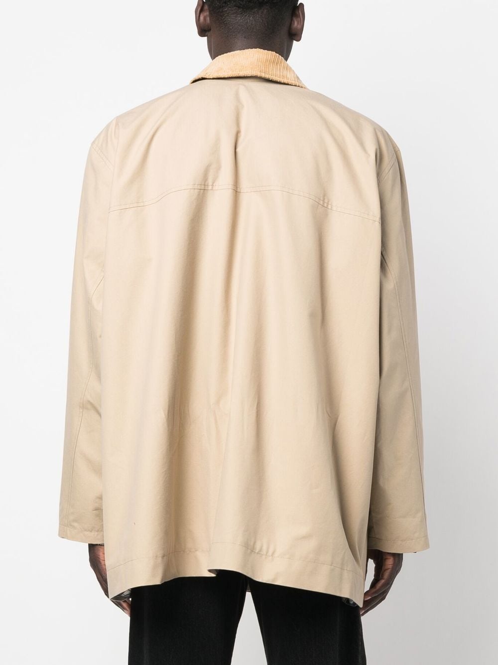 corduroy-trims buttoned trench coat - 4