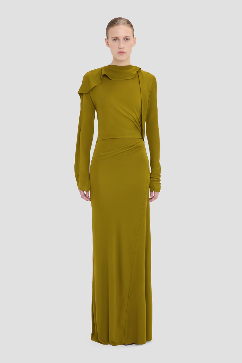 Closed Neck Draped Gown In Moss 1