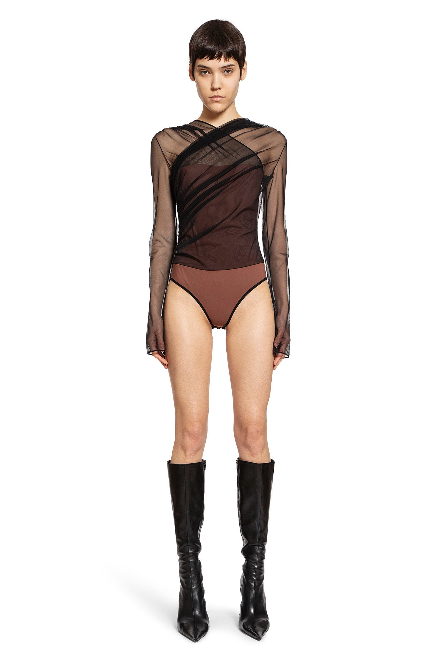 Semi-sheer Gathered Long Sleeves Bodysuit - 2