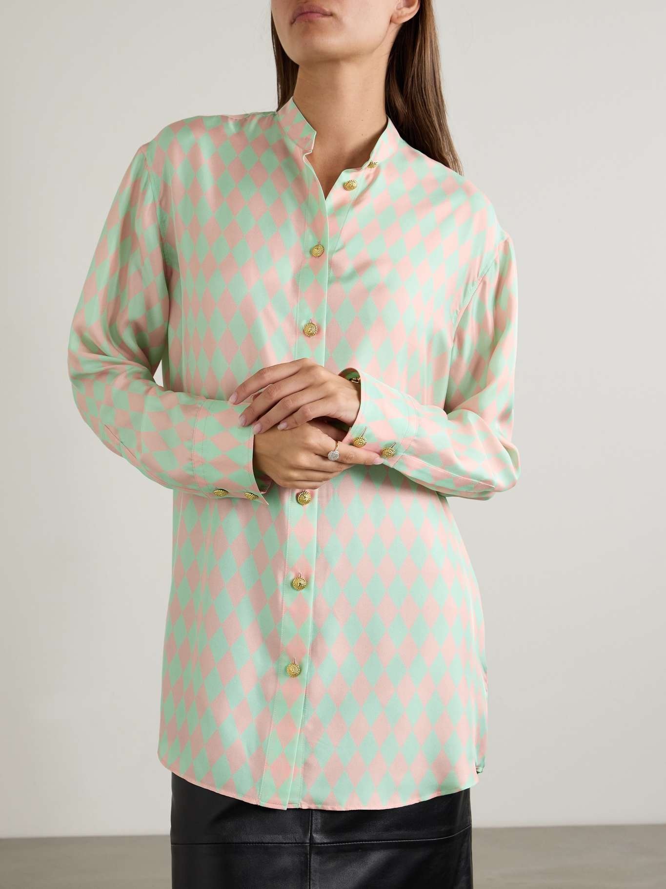 Oversized button-embellished argyle-printed silk-satin shirt - 3