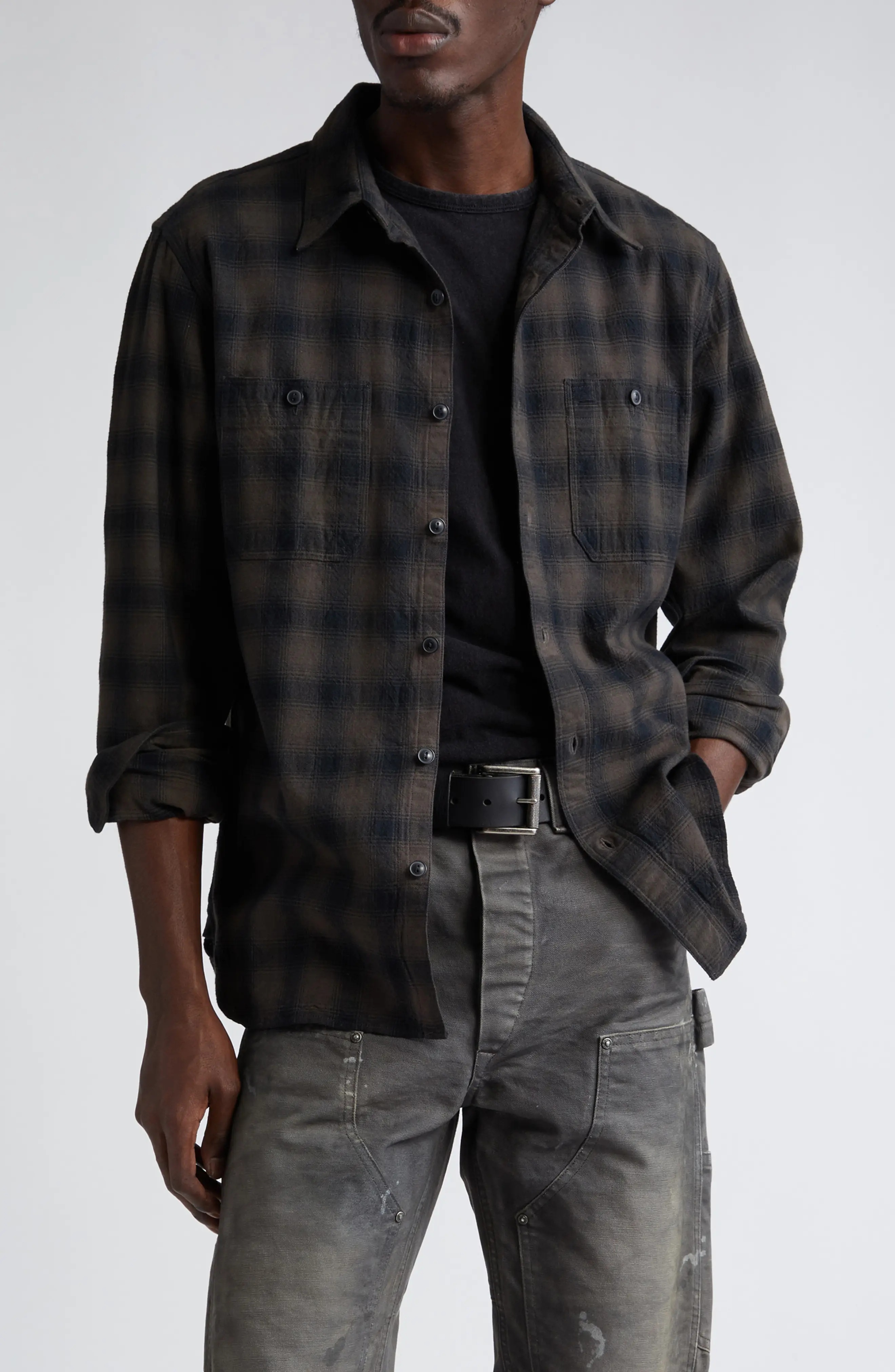 Plaid Cotton Button-Up Shirt in Black/Grey - 1