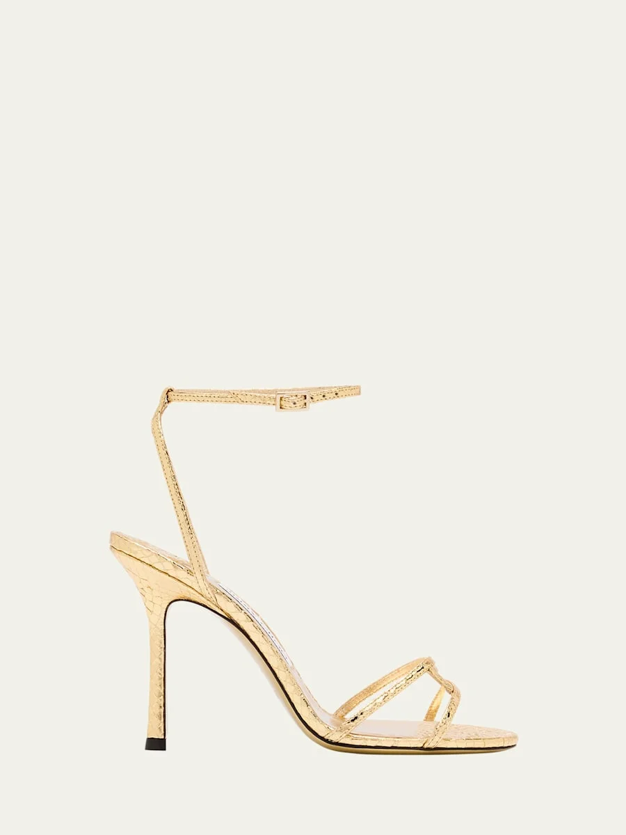Snake-Embossed 1998 Leo Metallic Leather Ankle-Strap Sandals - 1