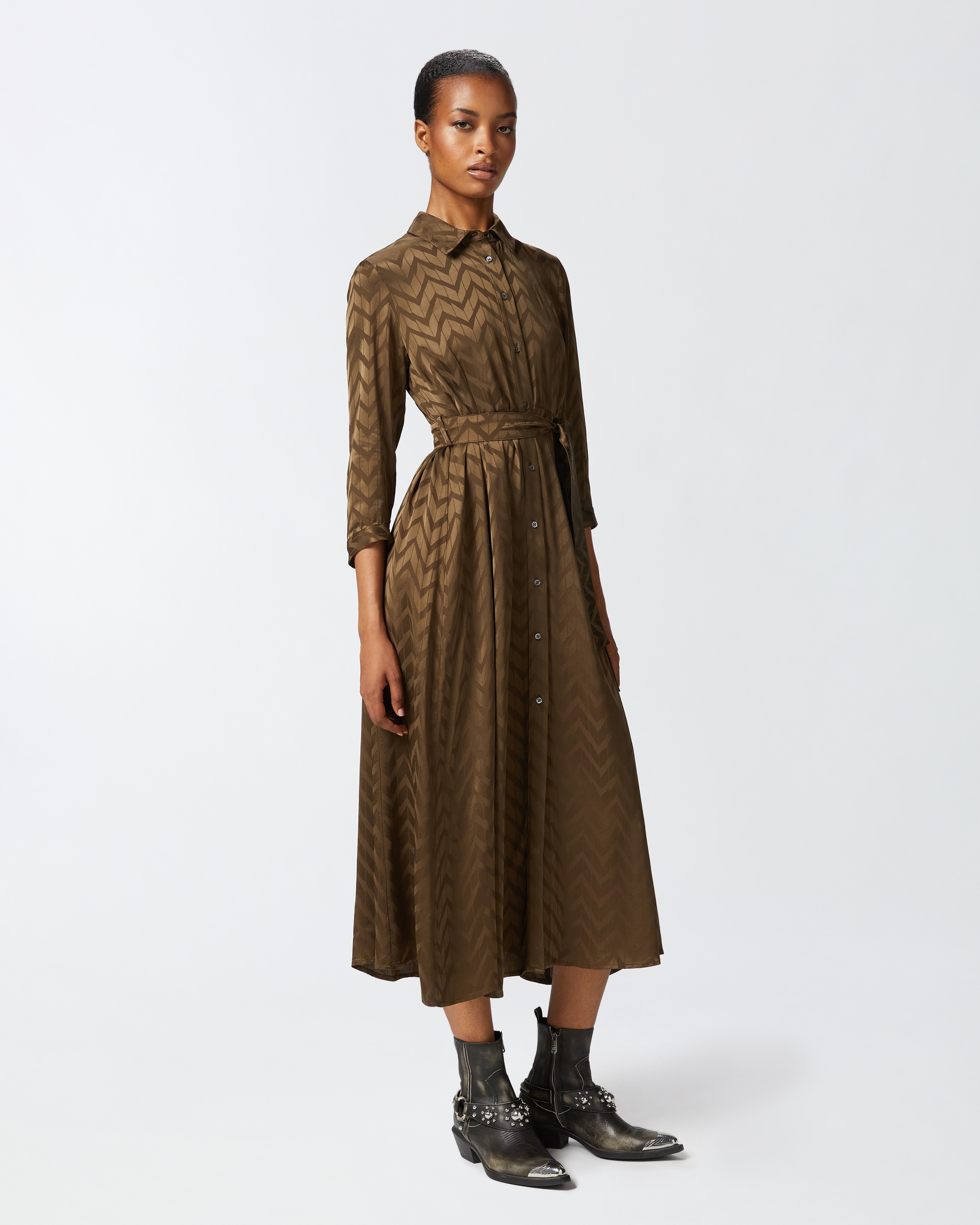 LONG HERRINGBONE SATIN SHIRT DRESS - 3