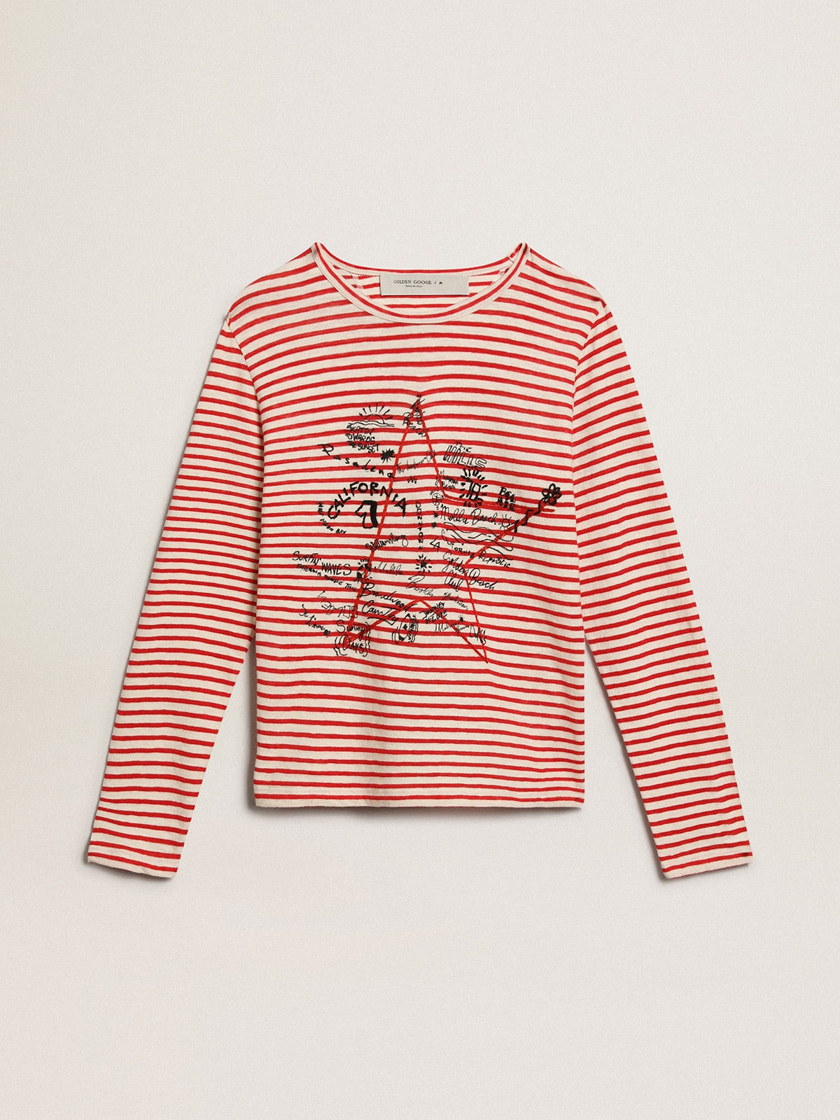 Women's T-shirt with white and red stripes and embroidery on the front - 1