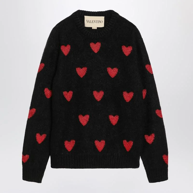 Valentino Garavani Jacquard Heart Pattern Sweater Black/Red - 1