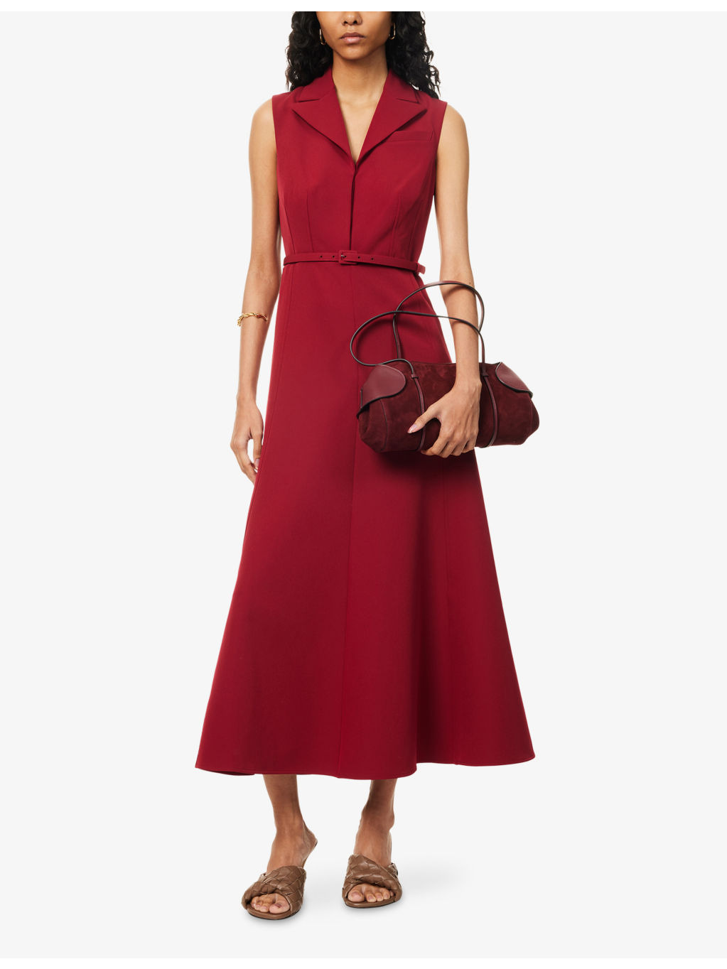 Peak-Lapel Belted Woven Midi Dress - 2