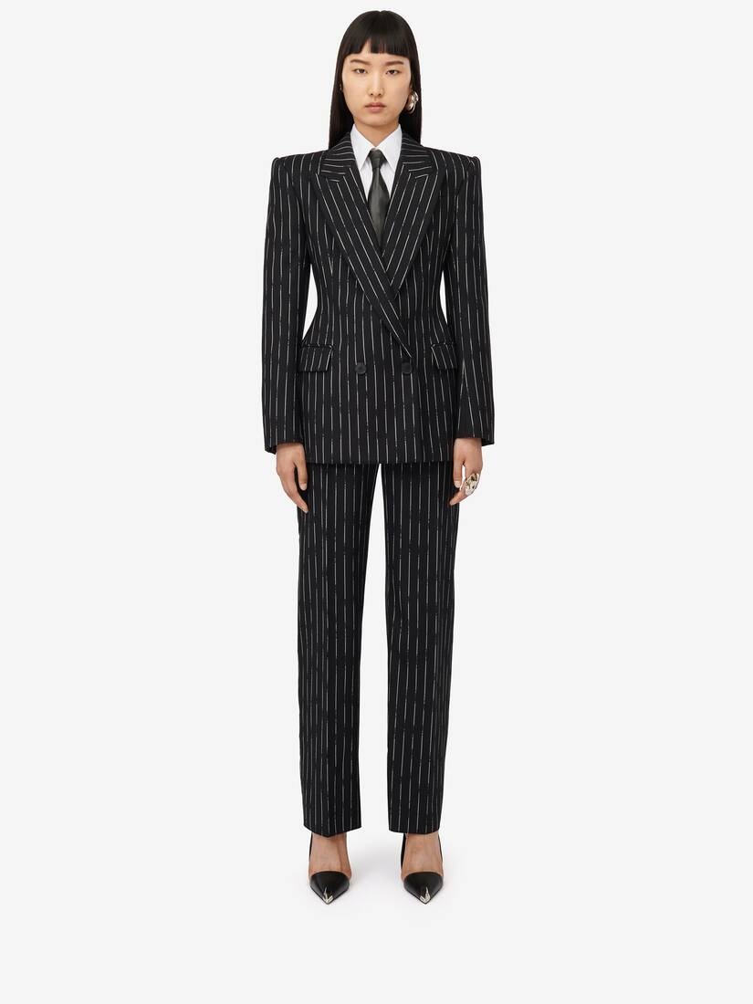 Women's Double-breasted Broken Pinstripe Jacket in Black/ivory - 2