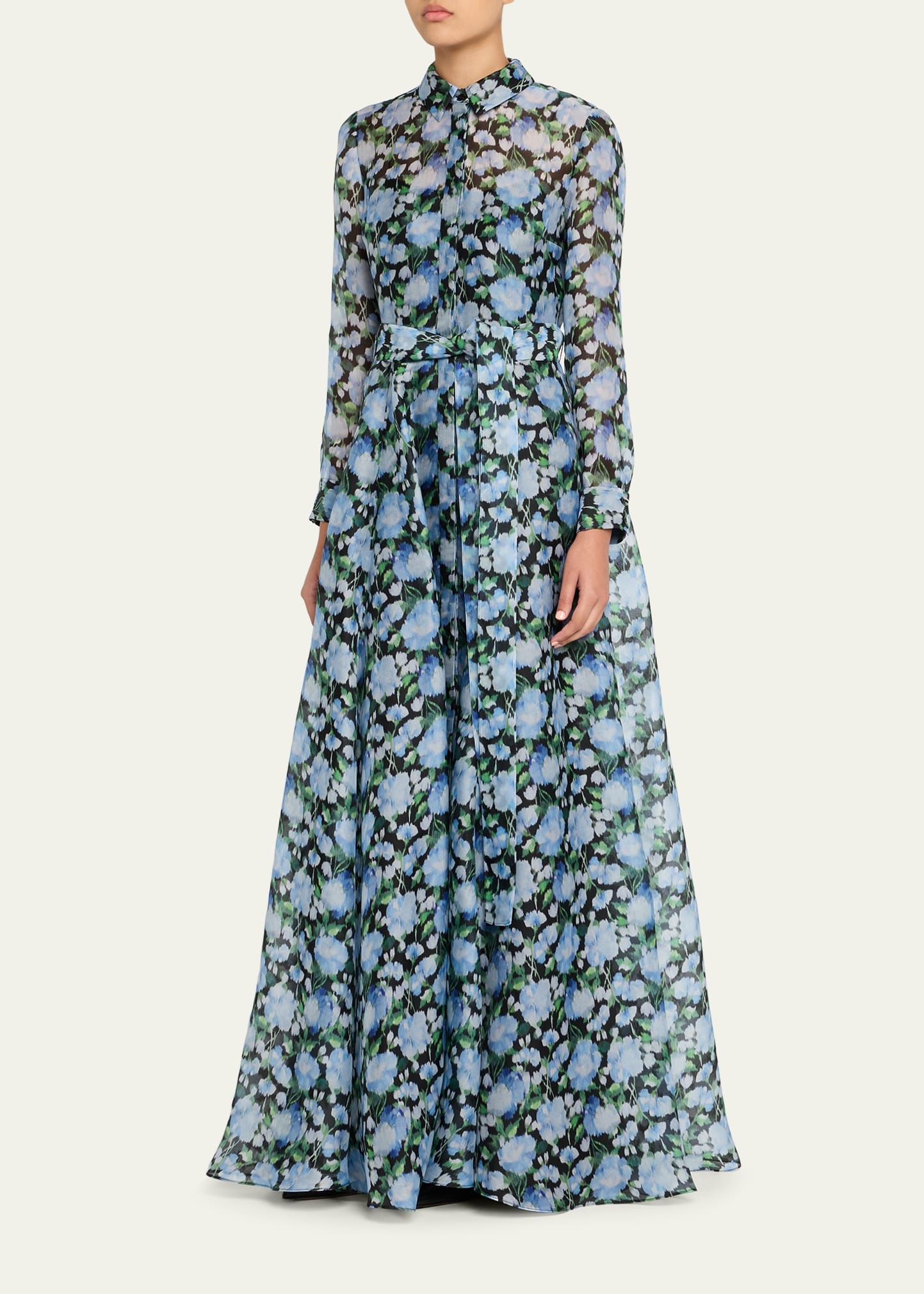 Floral Silk Long-Sleeve Trench Gown - 4
