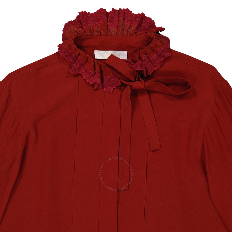 Chloe Ladies Peppery Red Ruffle-Neck Silk Shirt - 7