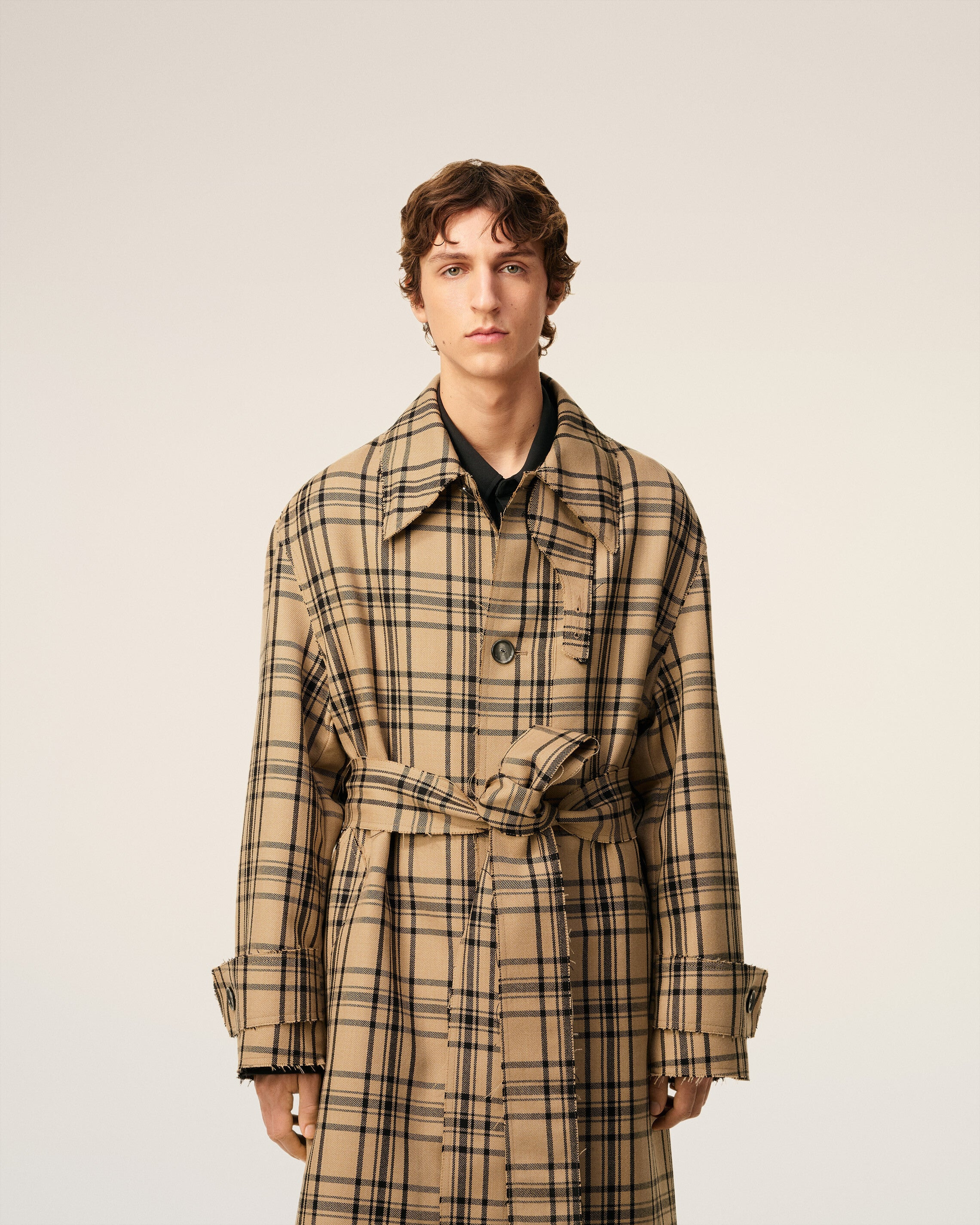 BROWN WOOL CHECKED BELTED MAC - 3
