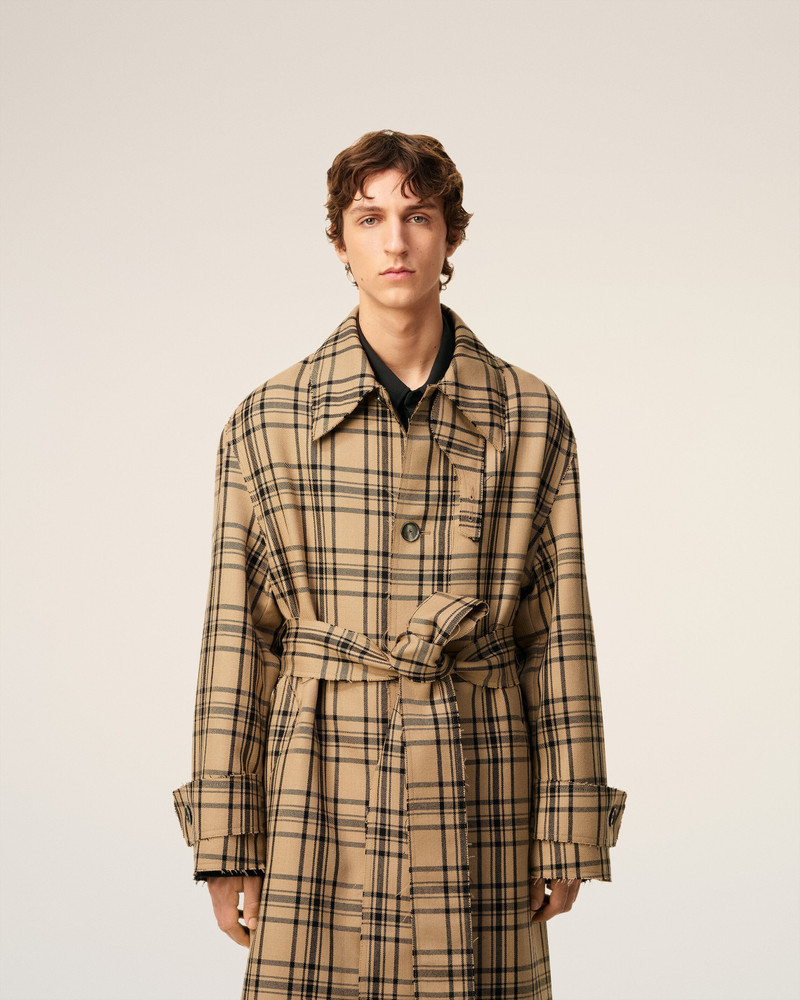 BROWN WOOL CHECKED BELTED MAC 3