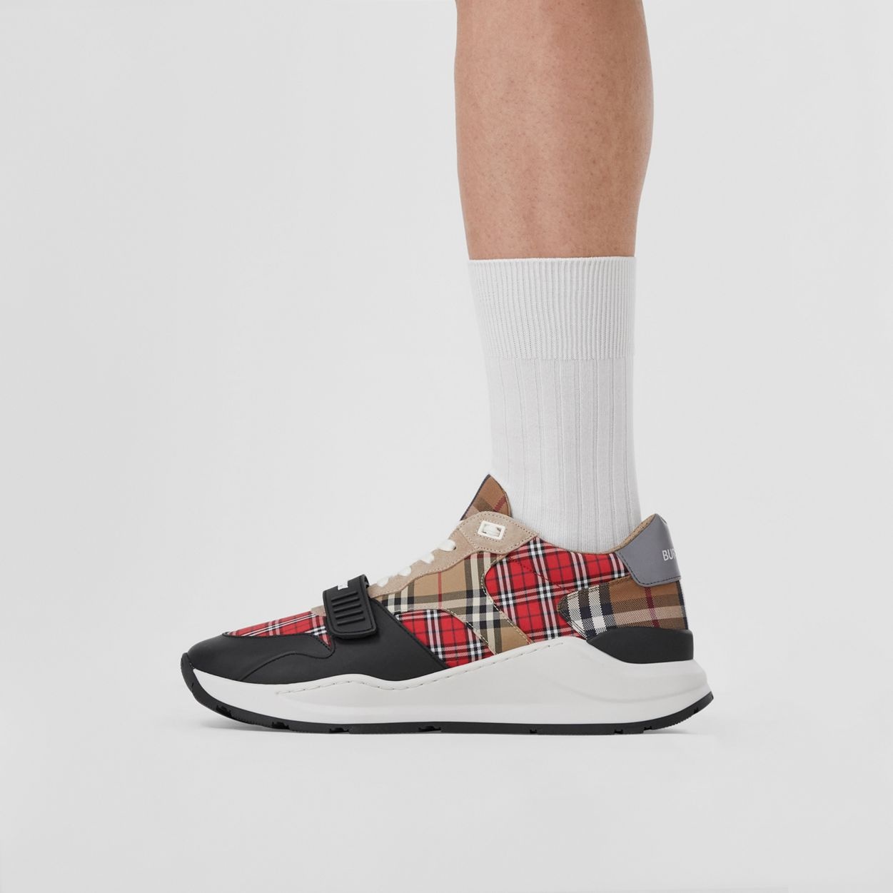 Contrast Check and Leather Sneakers - 3