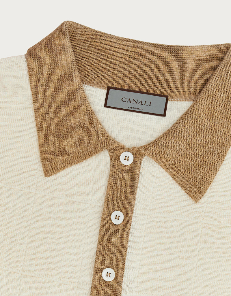 CREAM AND OCHRE OVERCHECK LINEN AND SILK POLO SHIRT 4