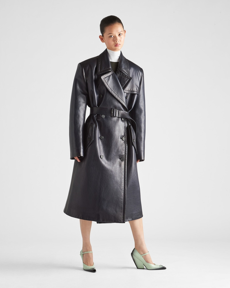 Prada Double-breasted leather trench coat outlook