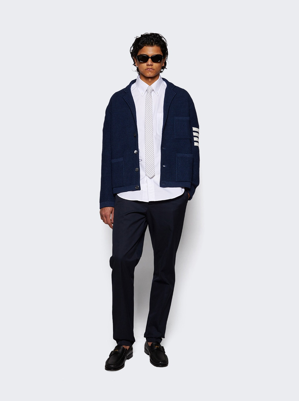 Linen Cotton 4-bar Cardigan Dark Blue - 2