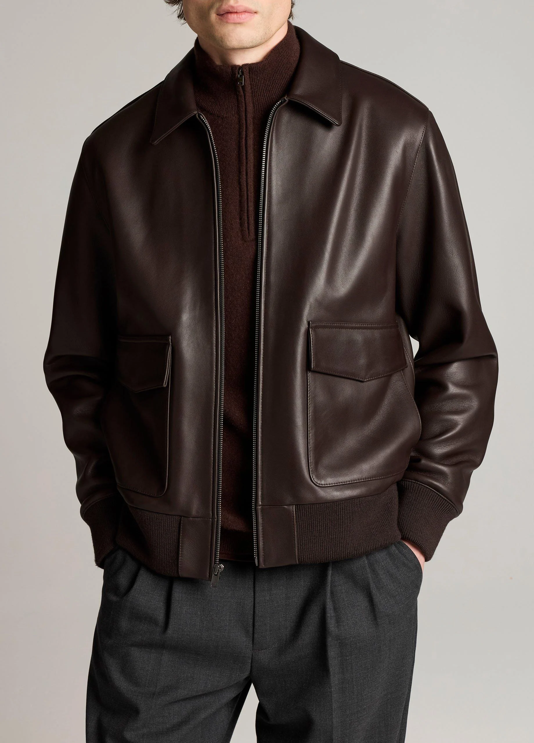 Leather Aviator Bomber Jacket - 1
