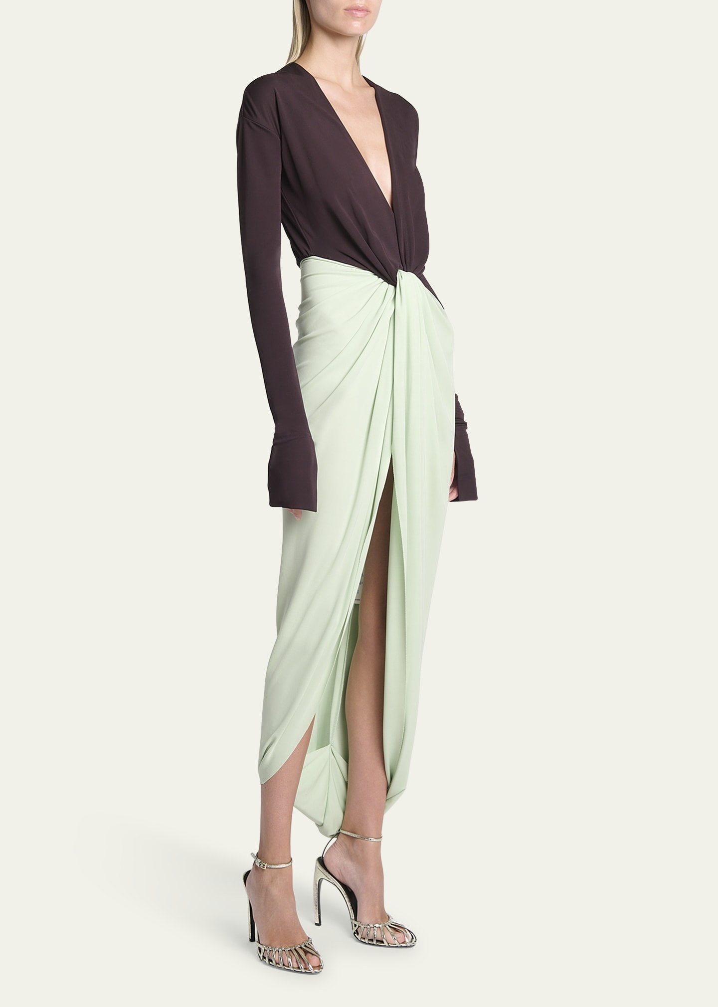 Colorblock Knot Detail Jersey Gown - 4