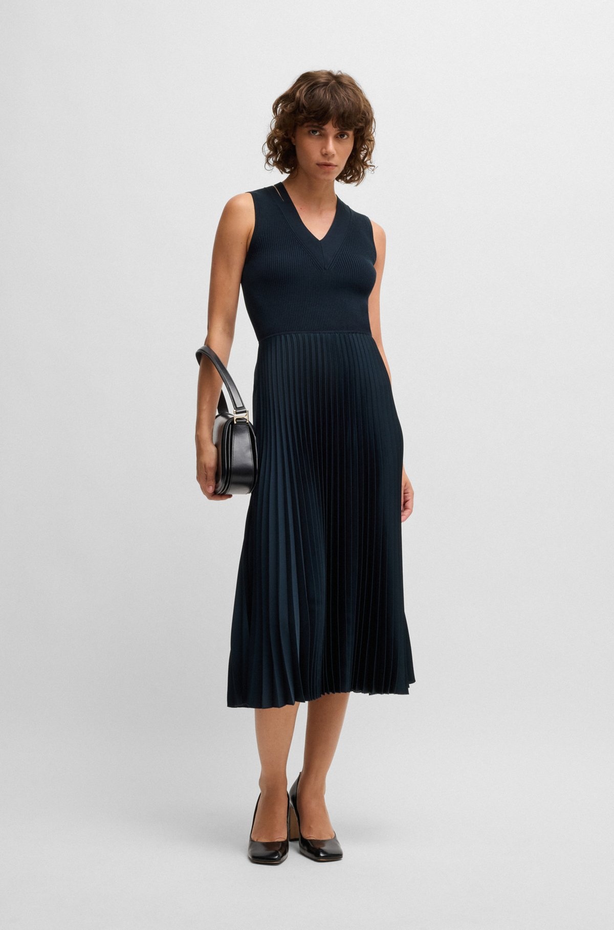 MIXED-MATERIAL DRESS WITH PLISSÉ SKIRT - 3