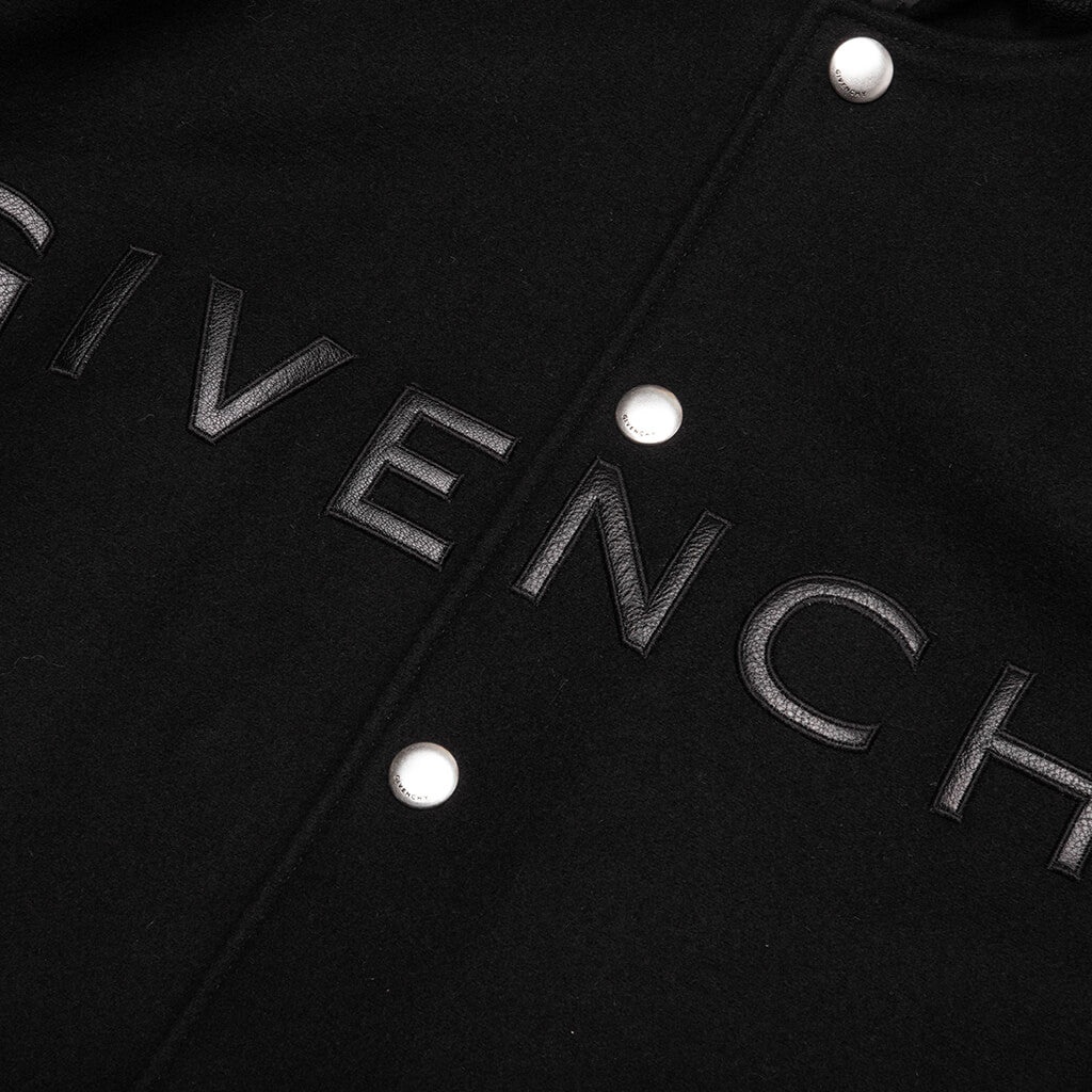 HOODED VARSITY JACKET IN WOOL AND LEATHER - BLACK - 4