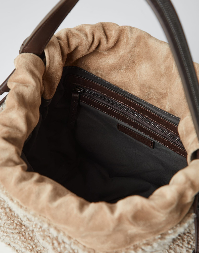 Curly shearling and suede bucket bag with monili 5