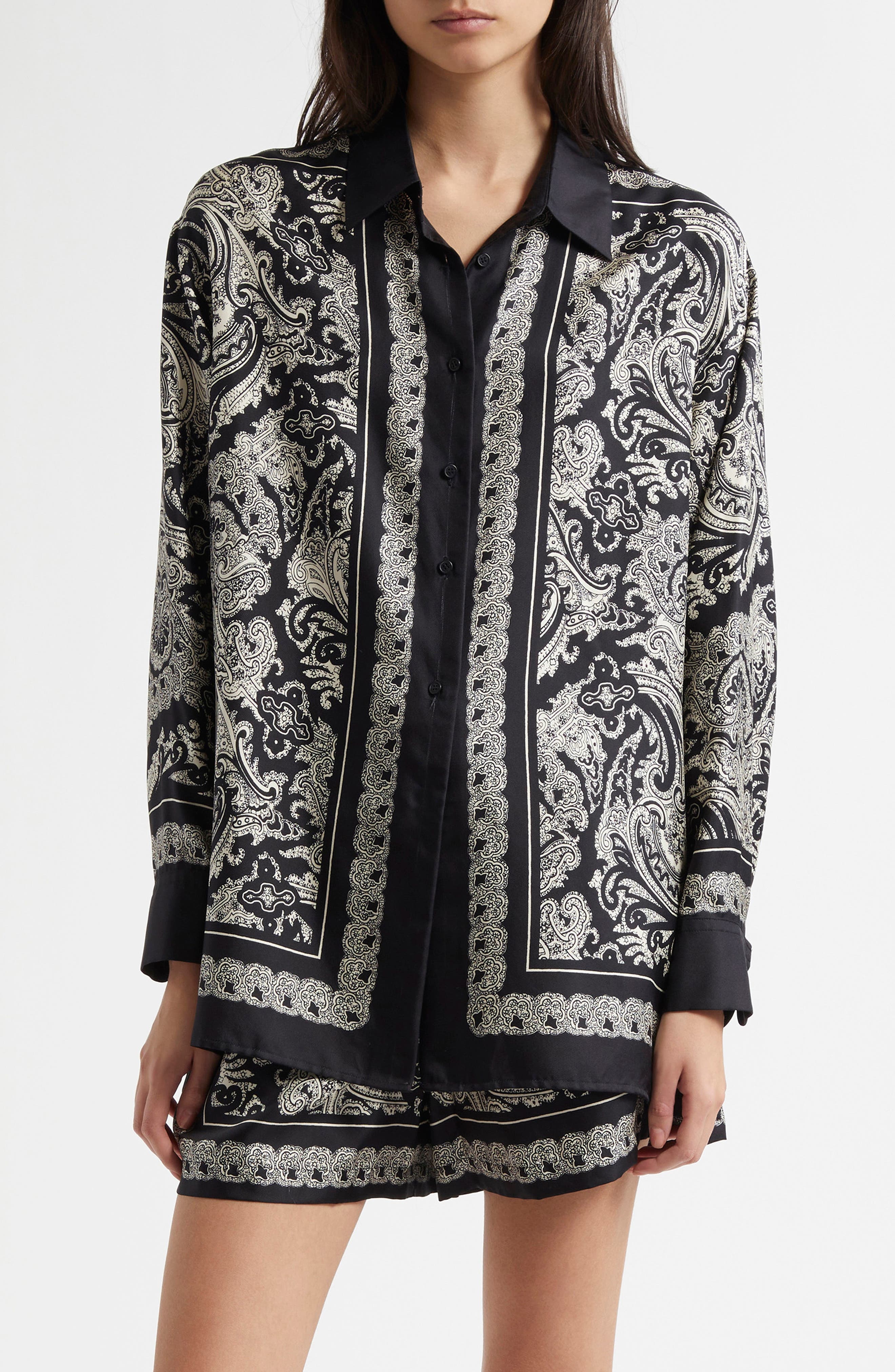 Nili Lotan Alfie Print Silk Shirt in Black/Ivory Paisley Scarf at Nordstrom - 1