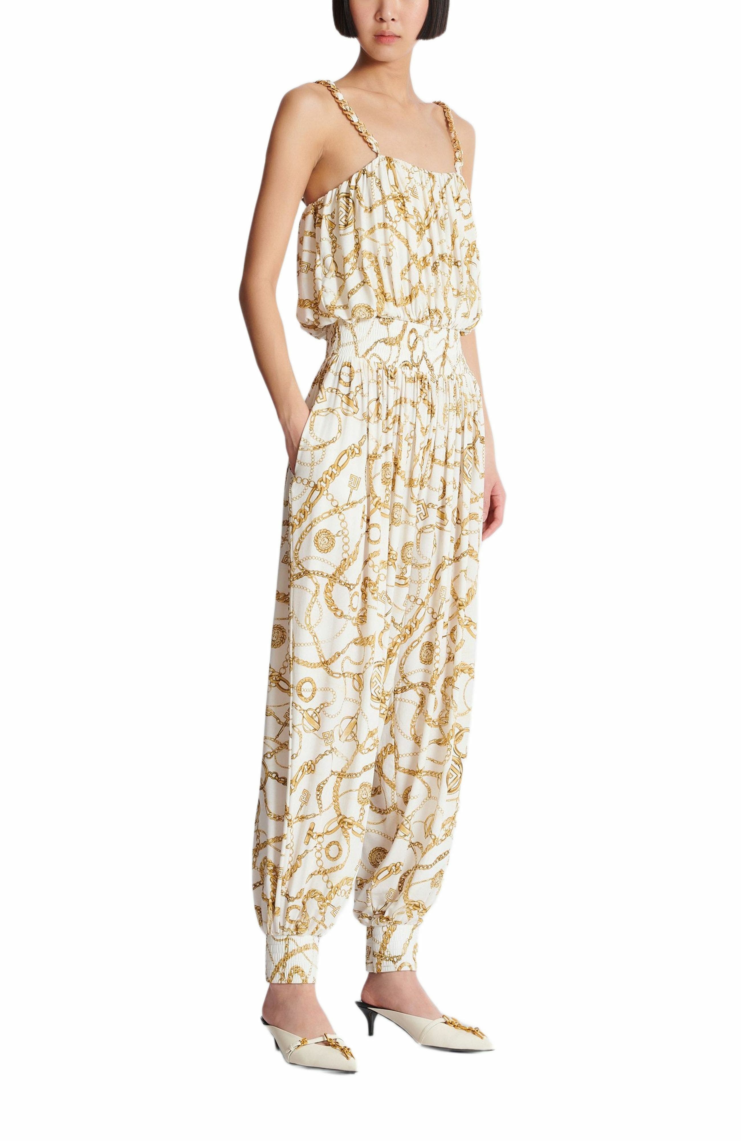 Flowing printed jumpsuit with Balmain Chains pattern in Gold at Nordstrom - 1