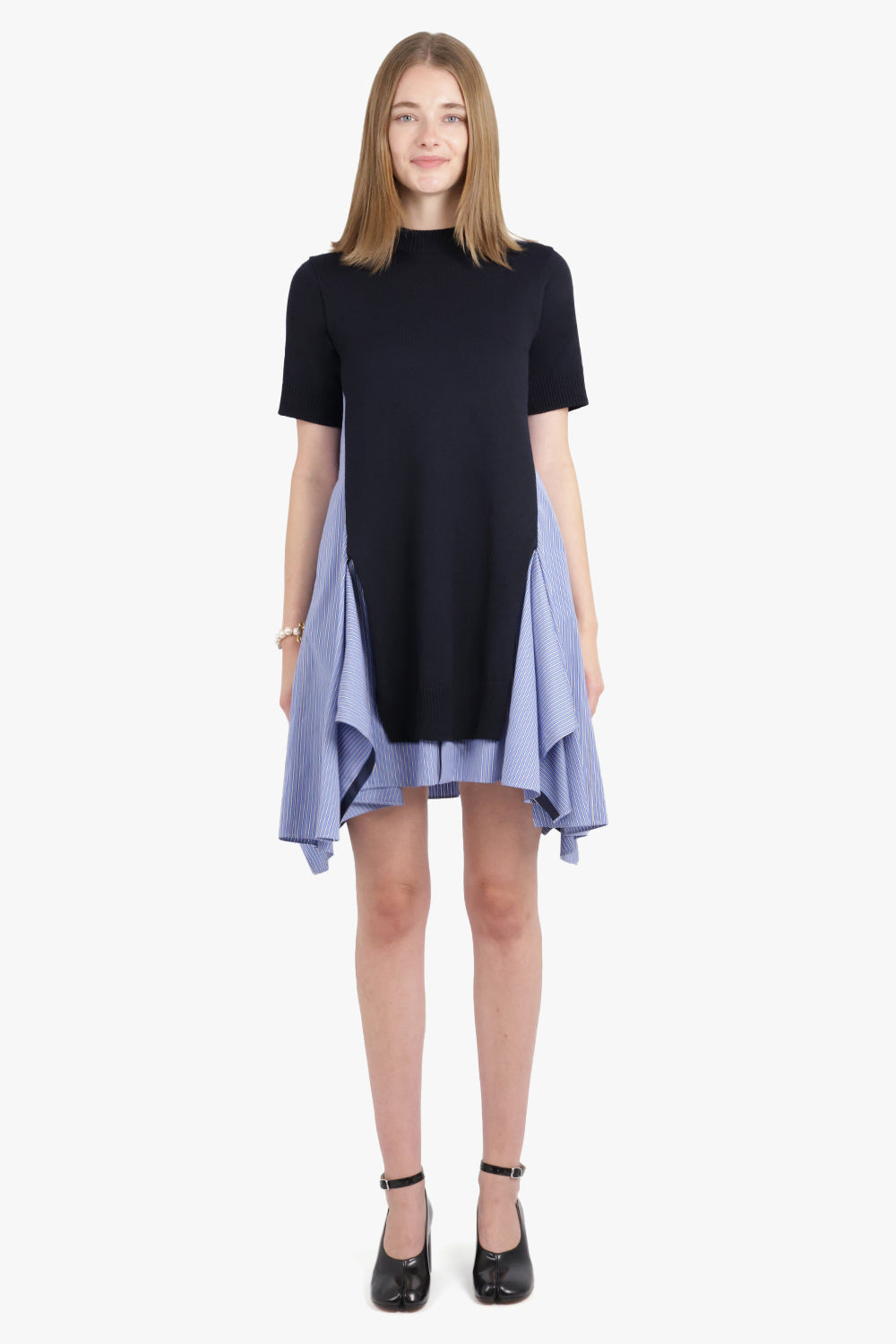 S/S KNIT X STRIPE SHIRT STYLE MIDI DRESS | NAVY/BLUE - 3