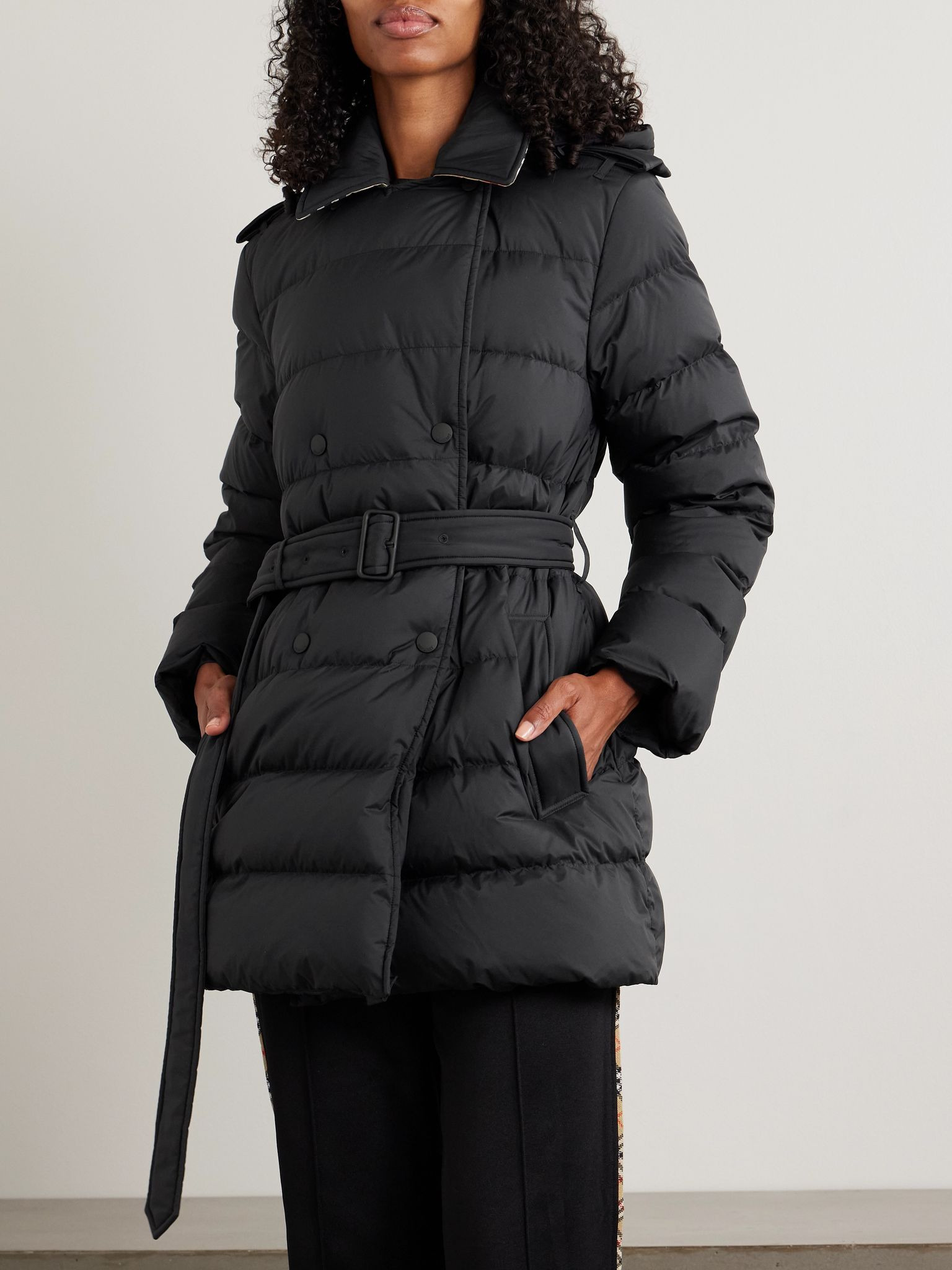 Belted double-breasted quilted shell down coat Black - 3