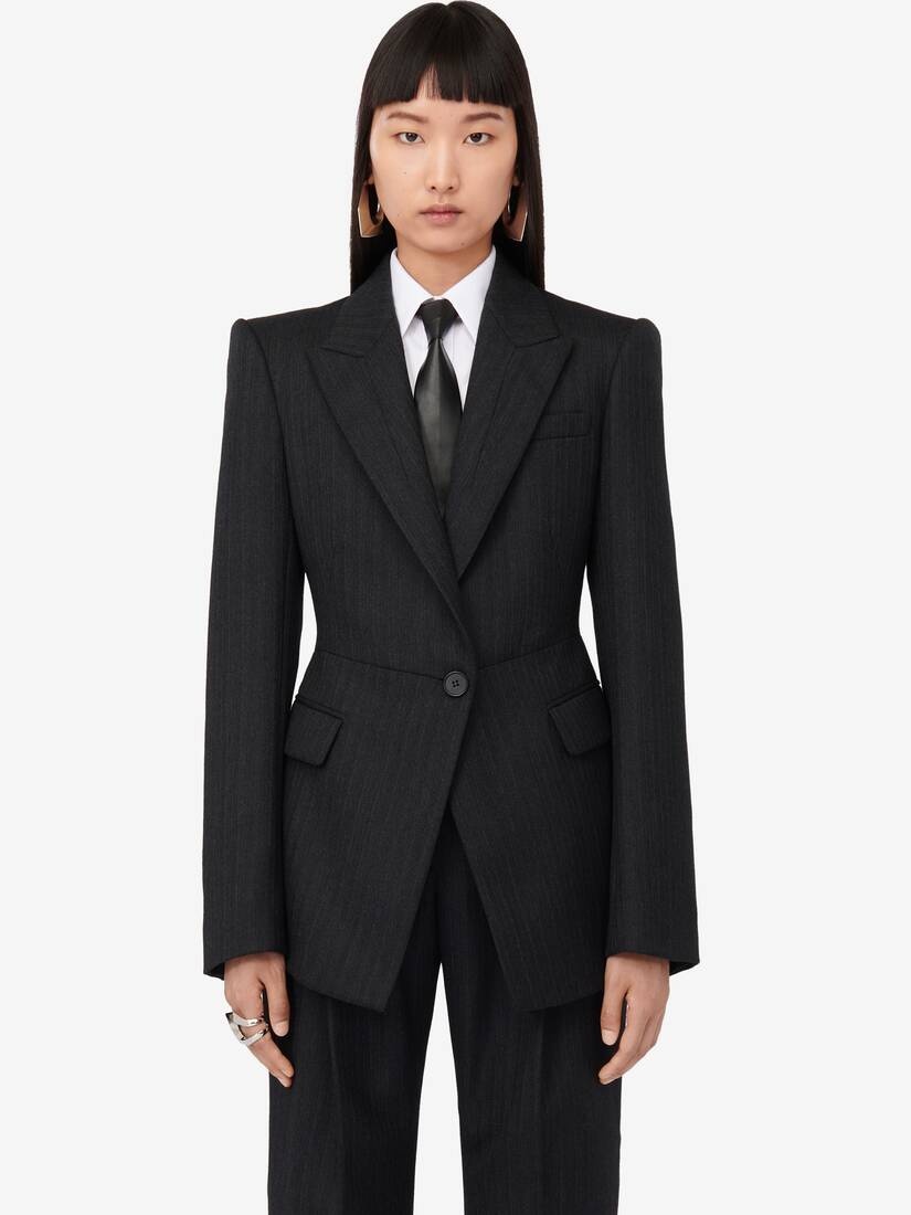 Women's Sharp Peplum Single-breasted Jacket in Dark Grey Melange - 5