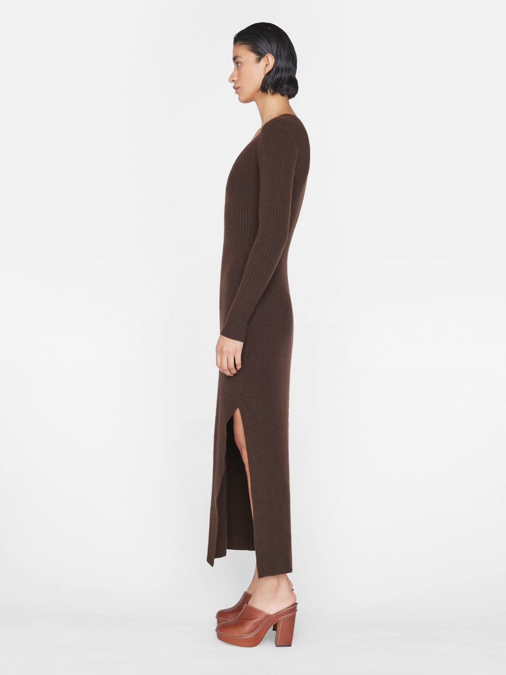 Ribbed Cashmere U-Neck Dress in Espresso - 9