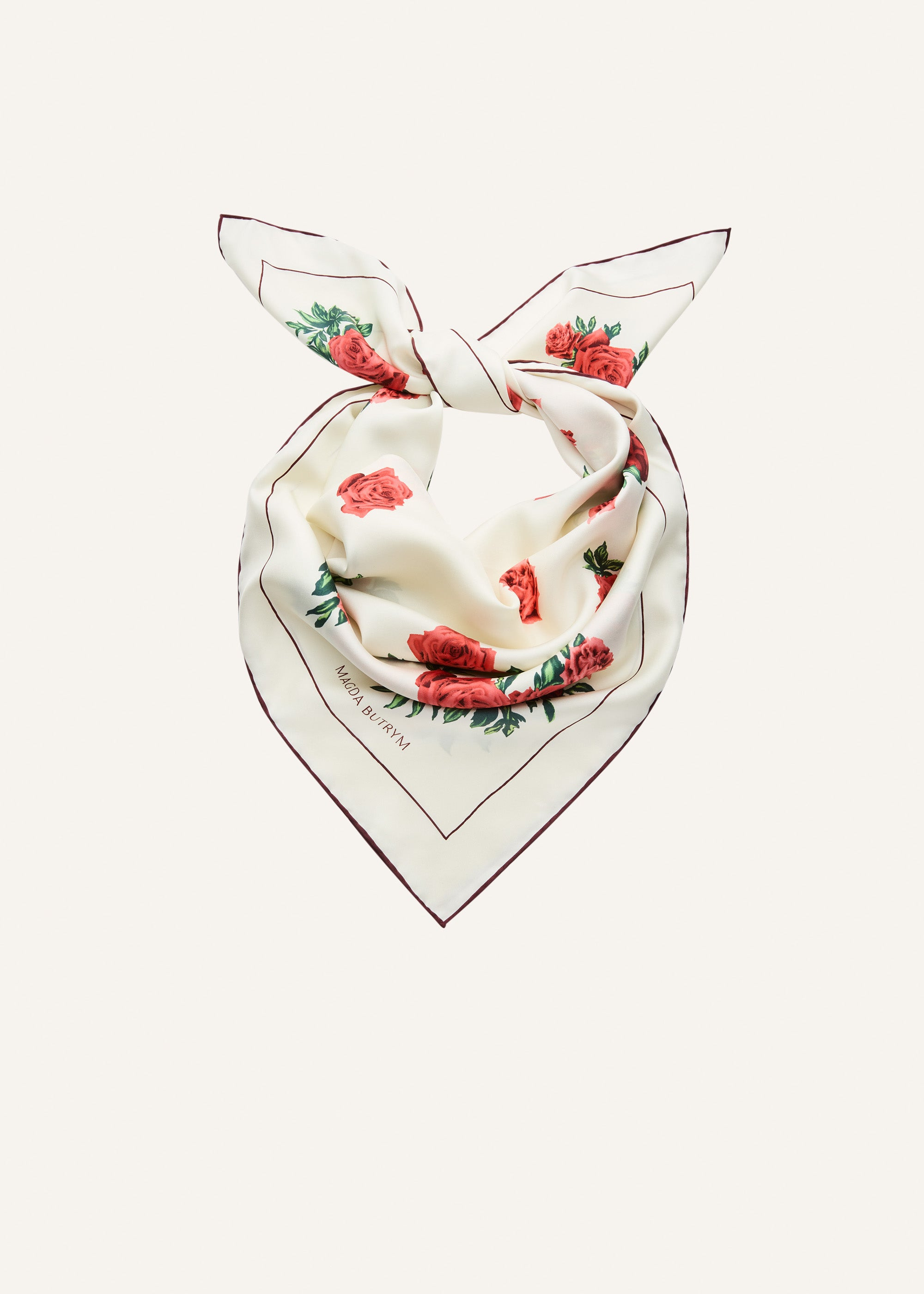 Rose print silk scarf in cream with burgundy trim - 1