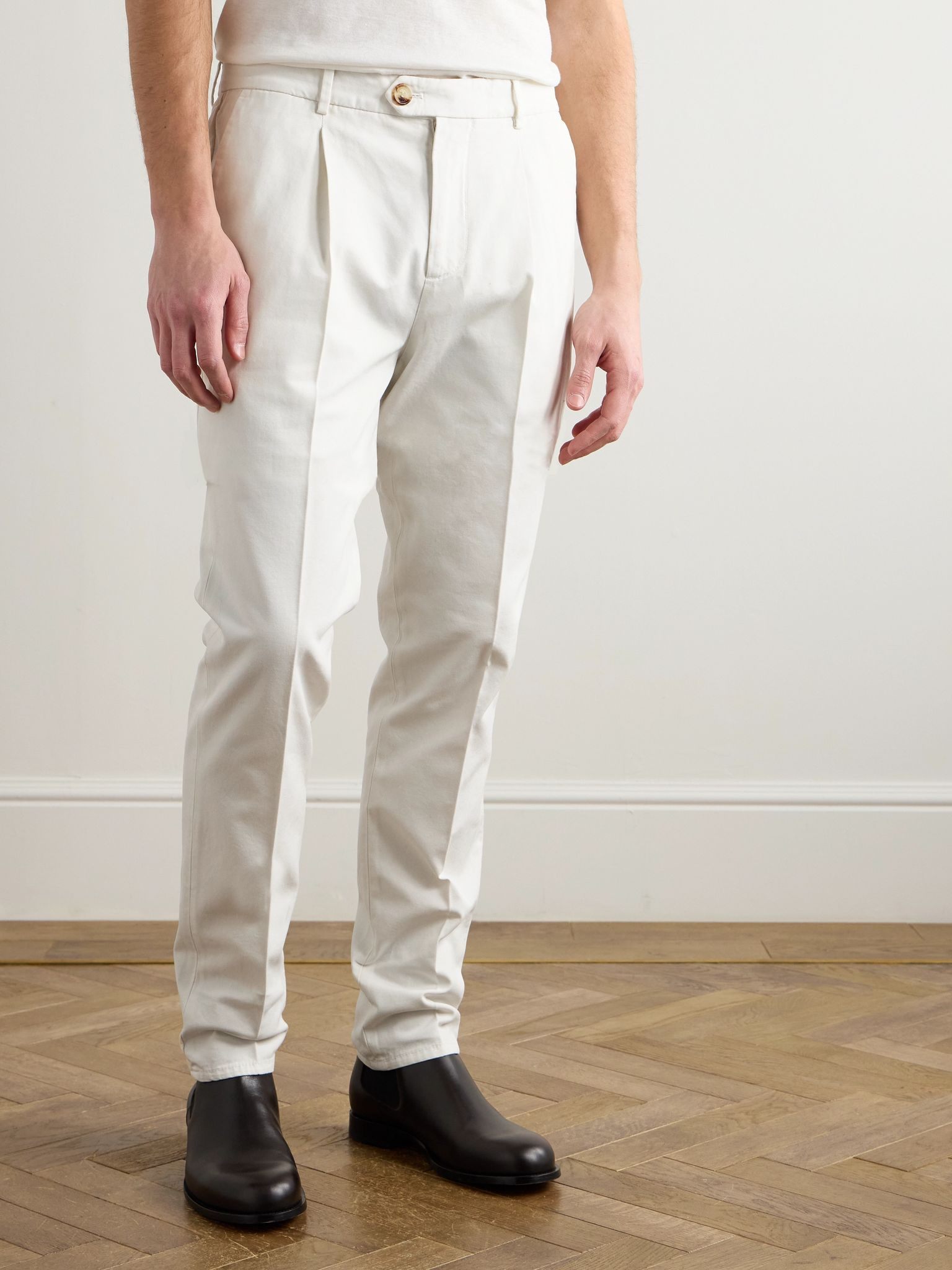 Straight-Leg Pleated Cotton-Twill Trousers White - 3