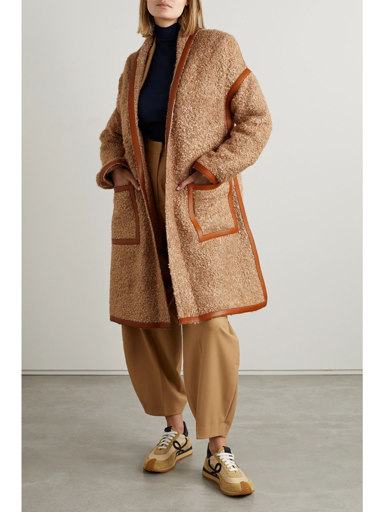 Reinhold leather-trimmed mohair-blend bouclé coat Brown - 3