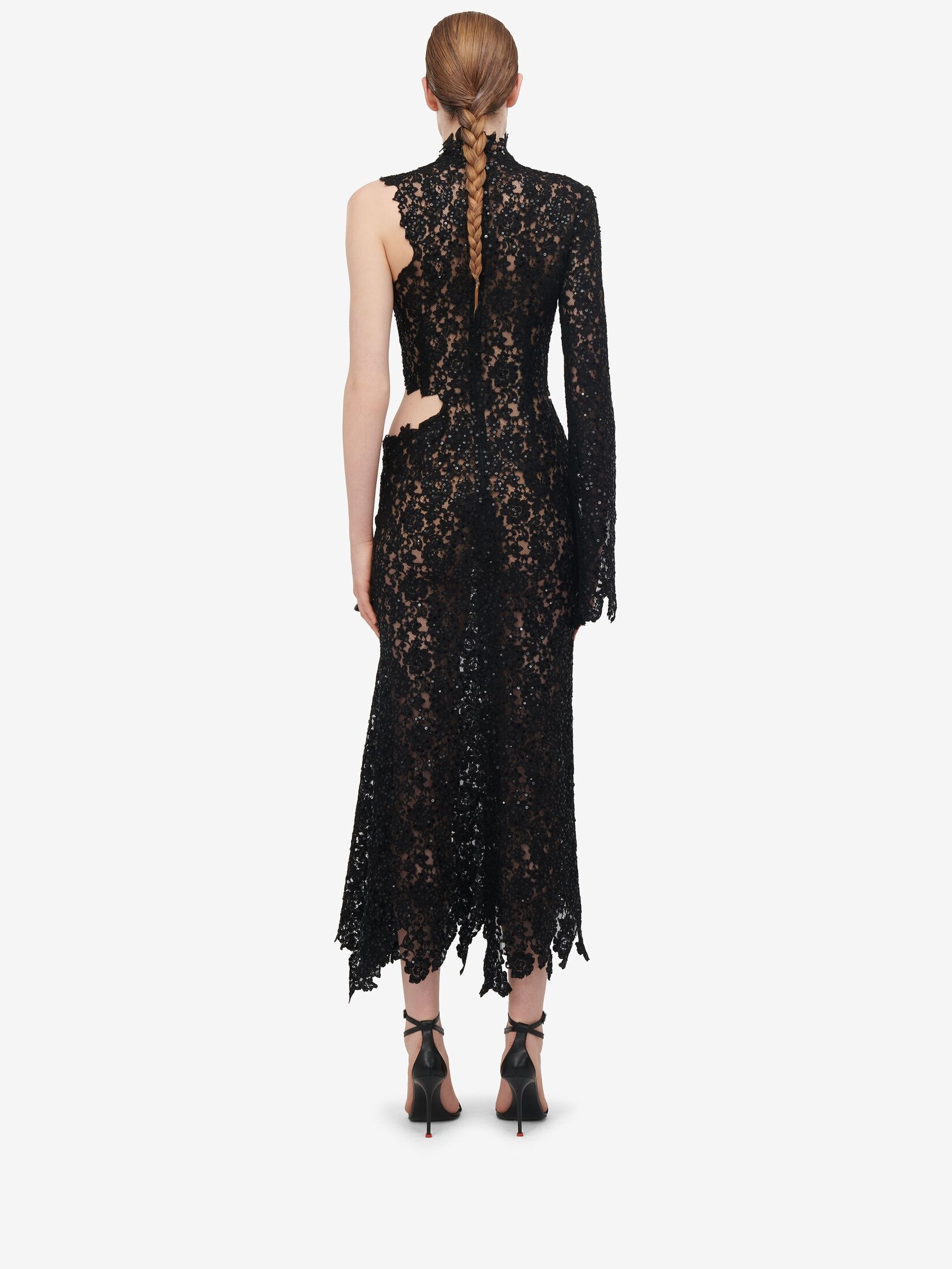 Women's Asymmetric Cut-out Lace Dress in Black - 4