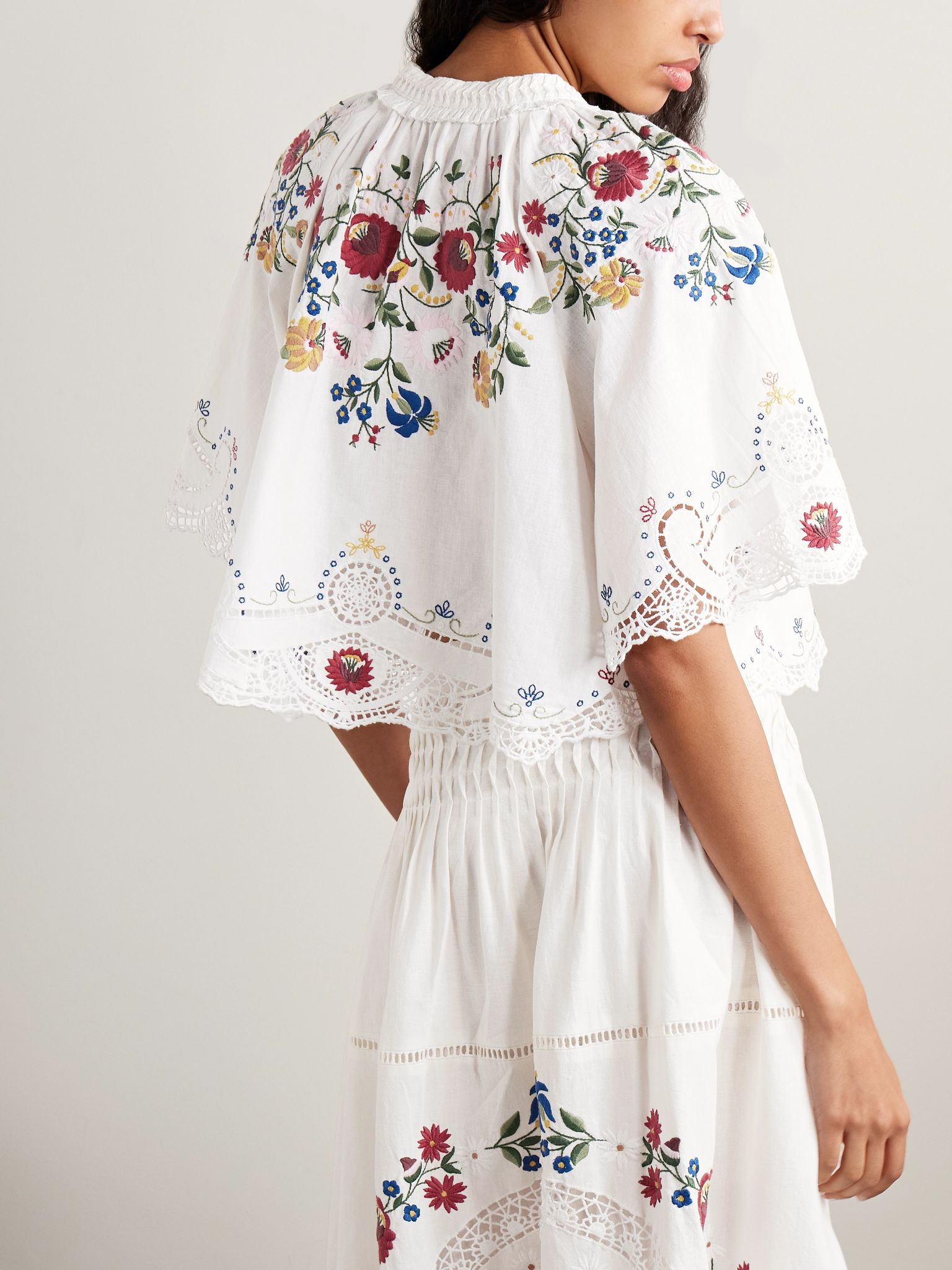 Celia tie-neck ruffled broderie anglaise cotton and linen-blend blouse Cream - 3