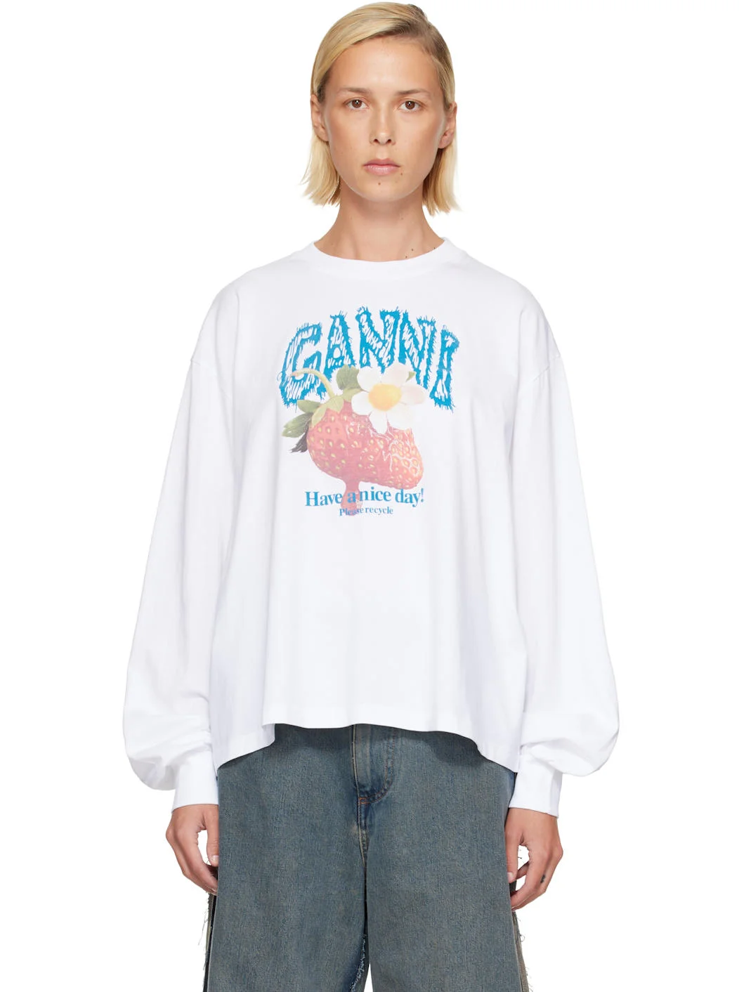 White Long Sleeve Strawberry T-shirt - 1