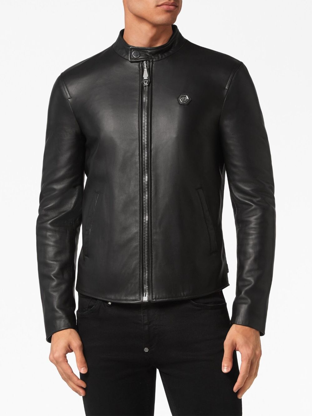 logo-patch leather jacket - 3