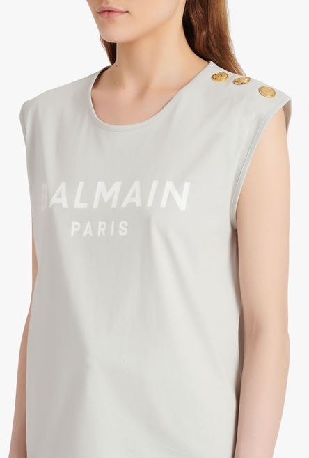 Light gray eco-designed cotton T-shirt with white Balmain logo print - 8