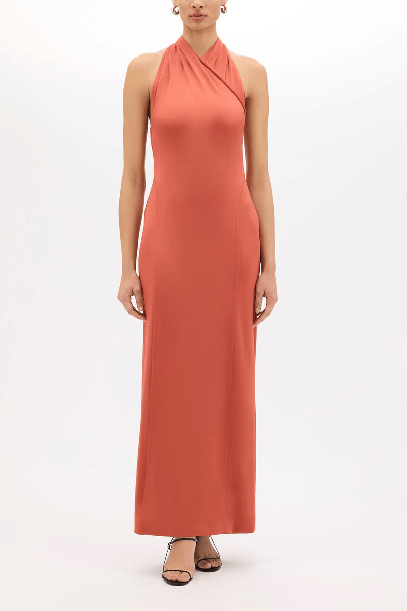 Another Tomorrow Gathered Halter Dress in Persimmon outlook