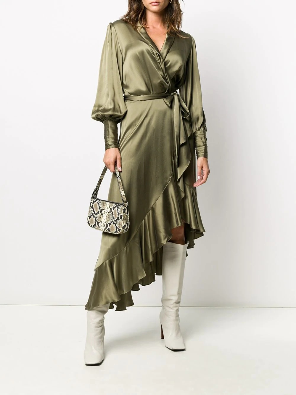 balloon-sleeve asymmetric hem wrap dress - 2