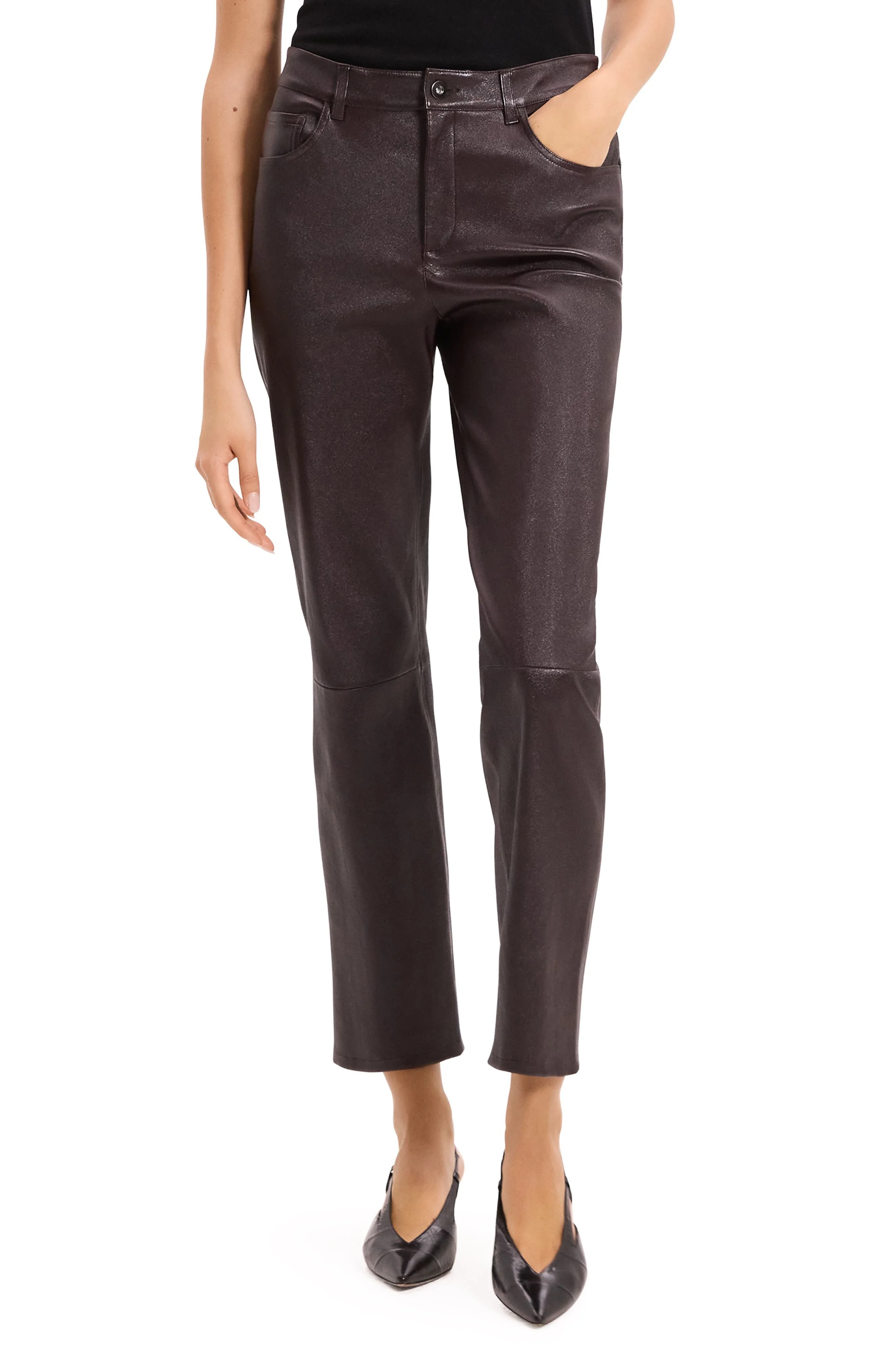 Theory Glossed Leather Straight Leg Pants in Plum Brown at Nordstrom - 1