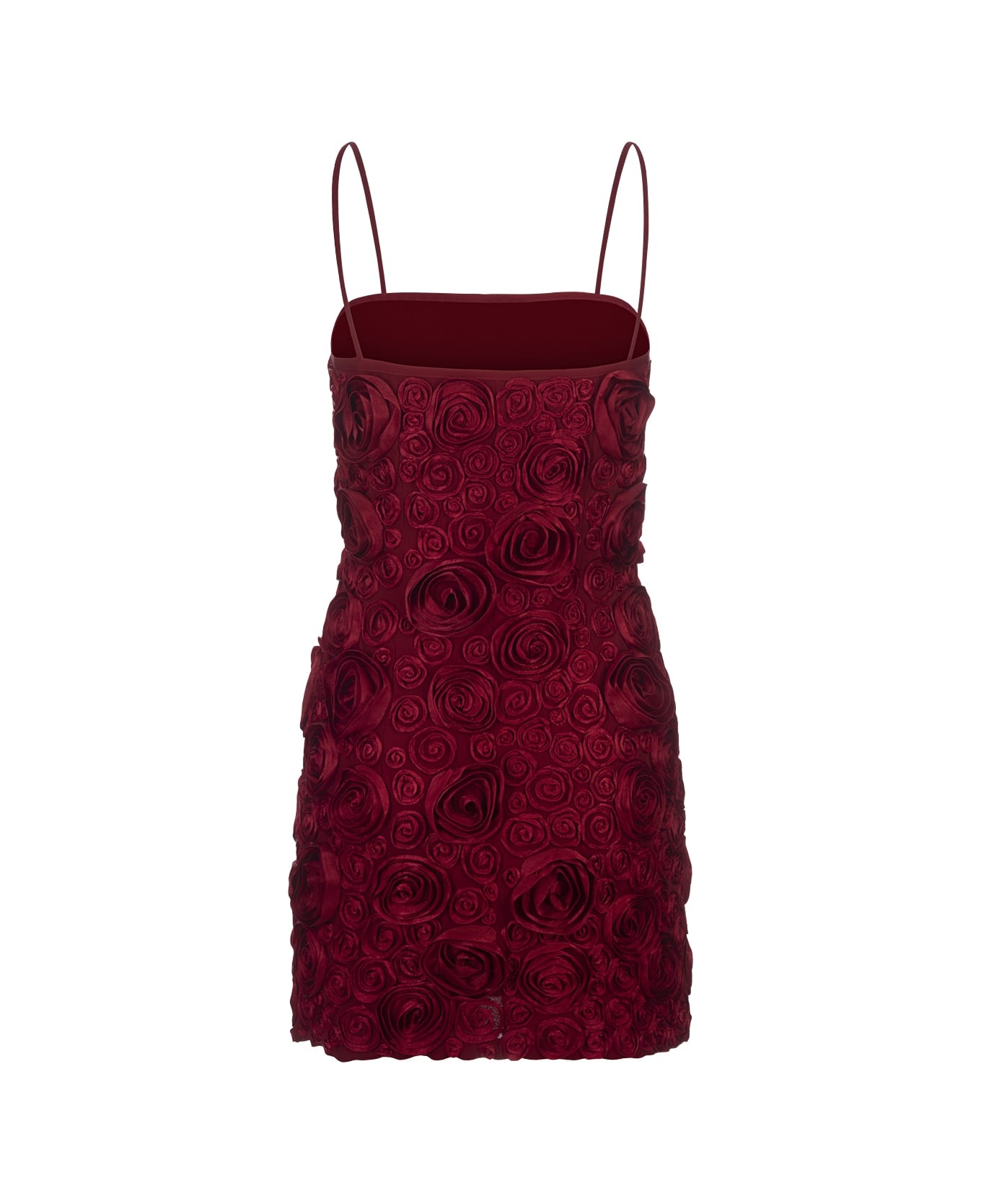 Red Slip Dress With 3d Rose Embroidery - 2