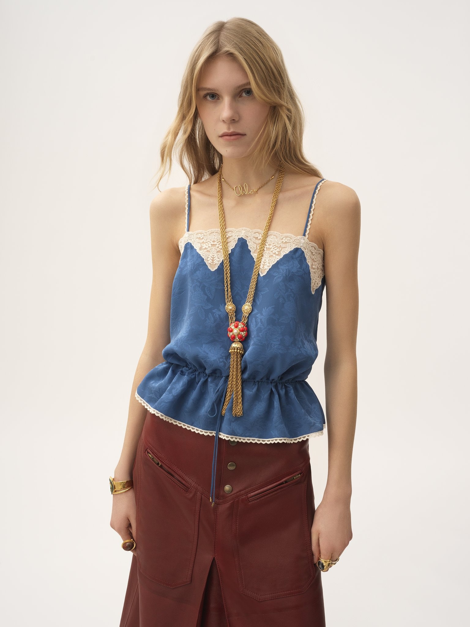 DRAWSTRING CAMISOLE TOP IN SILK JACQUARD & LACE - 4