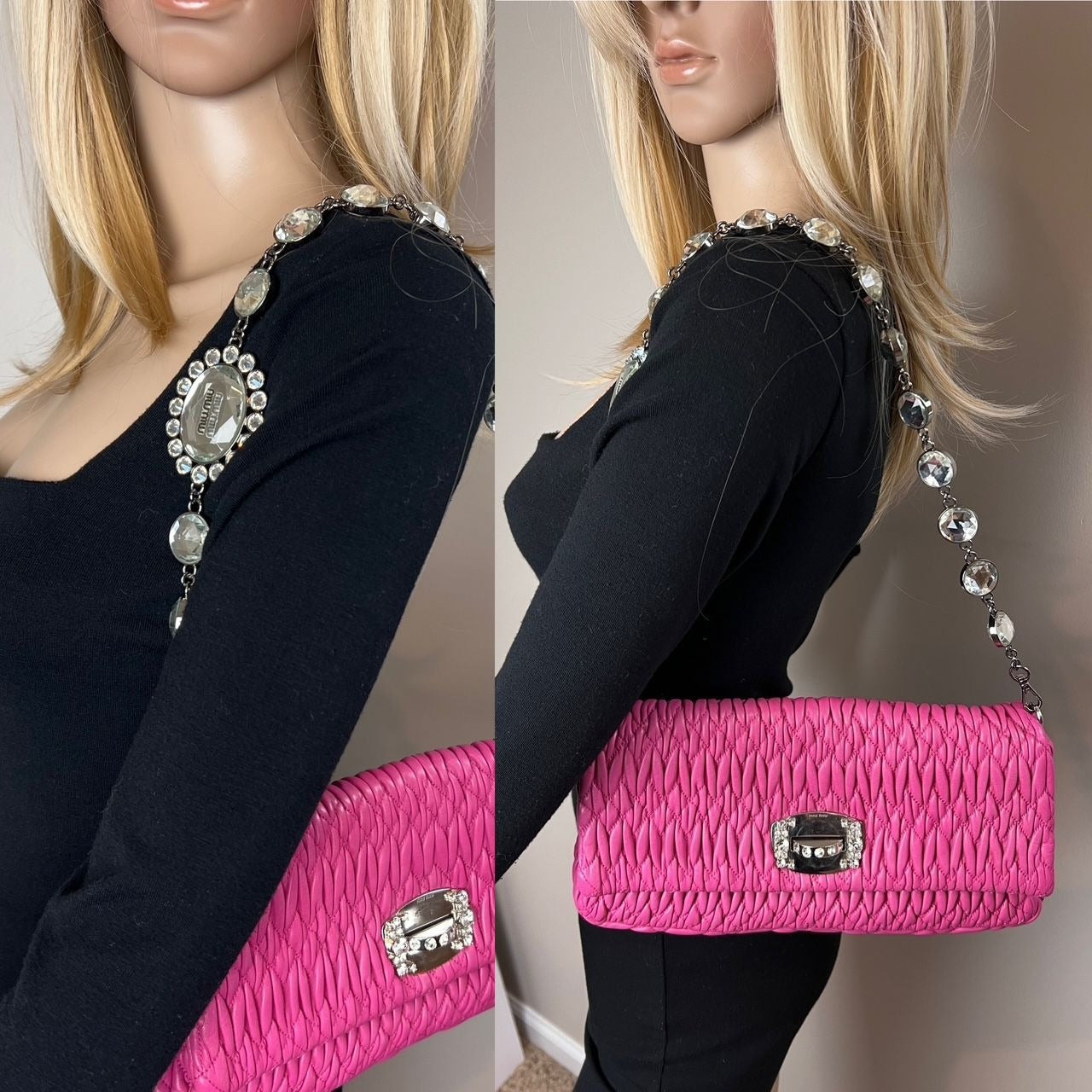 MiuMiu - MiuMui Pink Lambskin Nappa Crystal Shoulder Clutch Bag - 8