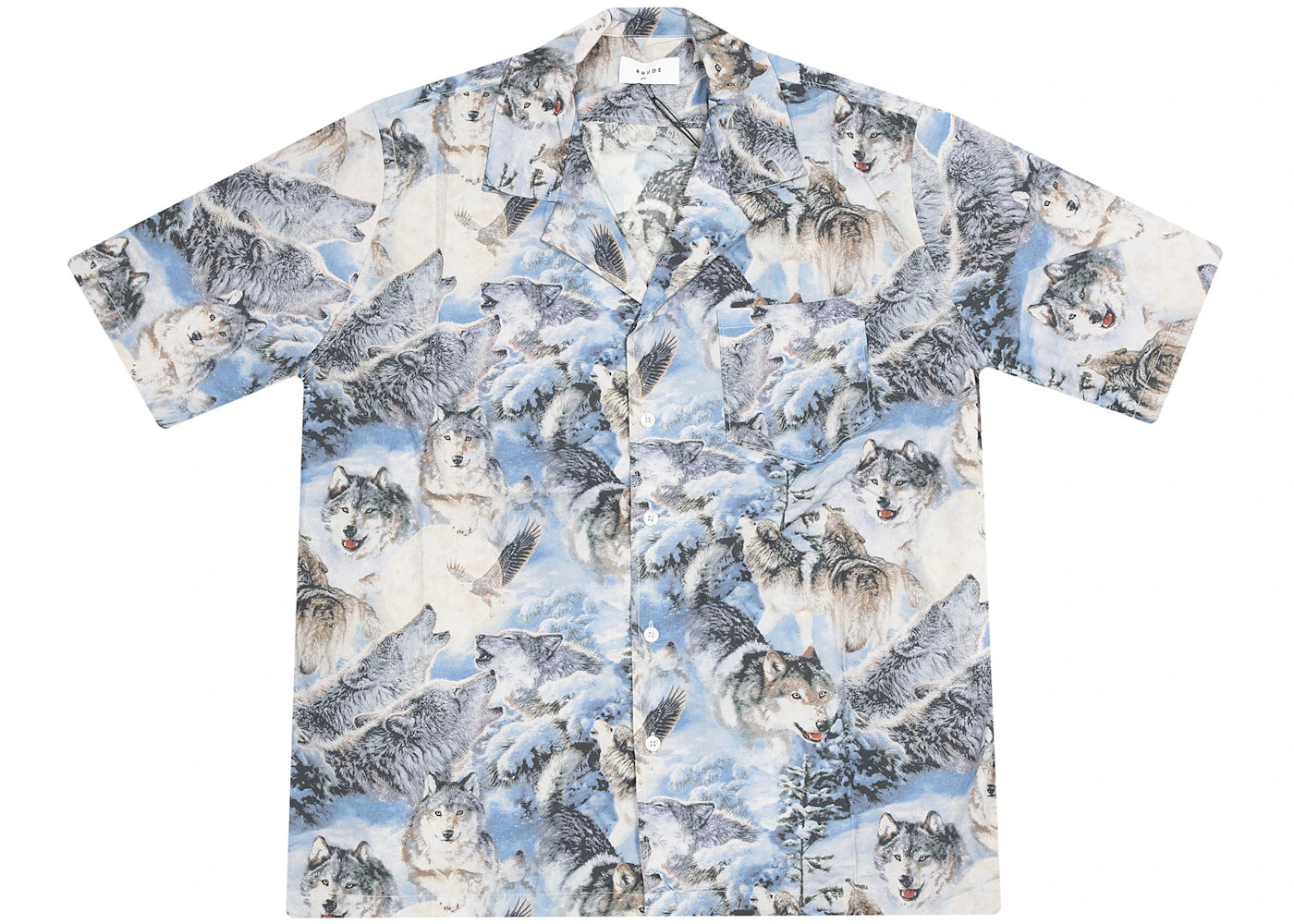 Rhude Wolves SS Button Up in Wolves Print Shirt Blue - 2