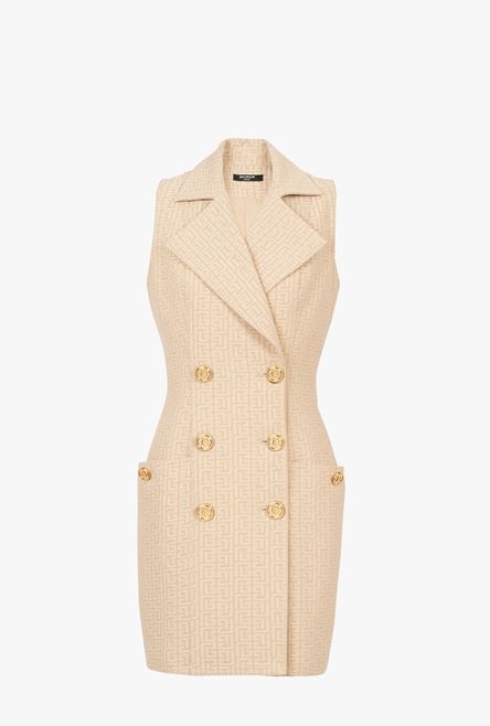 Short nude and white Balmain monogram jacquard dress with gold-tone double-buttoned fastening - 1