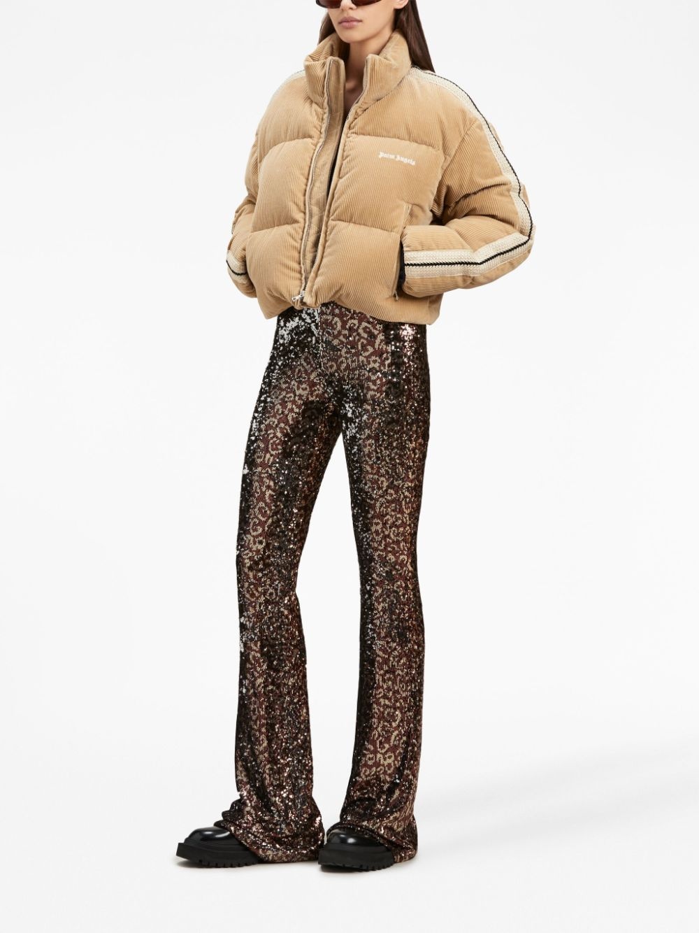 logo-tape sequin flared trousers - 2