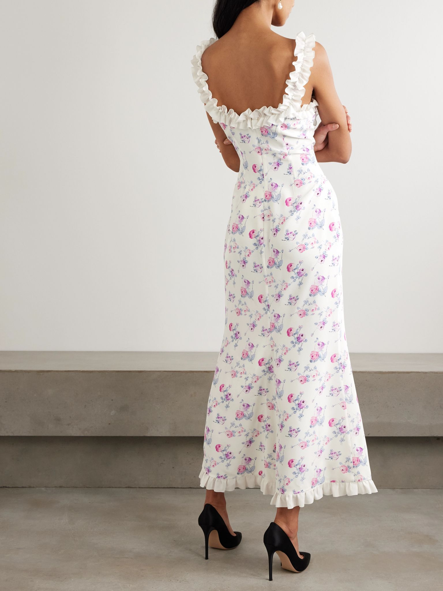 Bow-detailed taffeta-trimmed ruffled floral-print silk crepe de chine midi dress Multi - 3