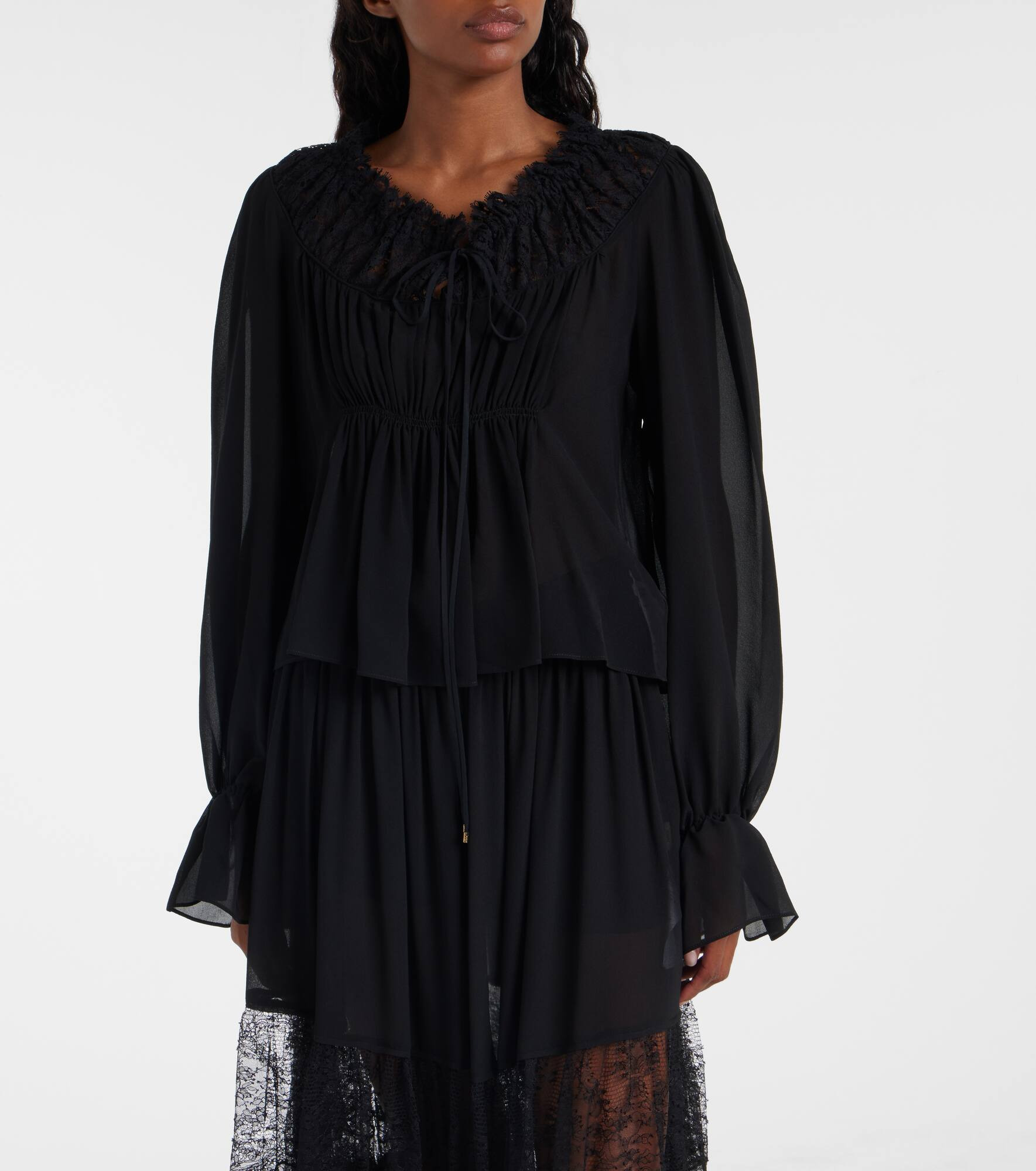 Gathered lace-trimmed silk georgette blouse - 6