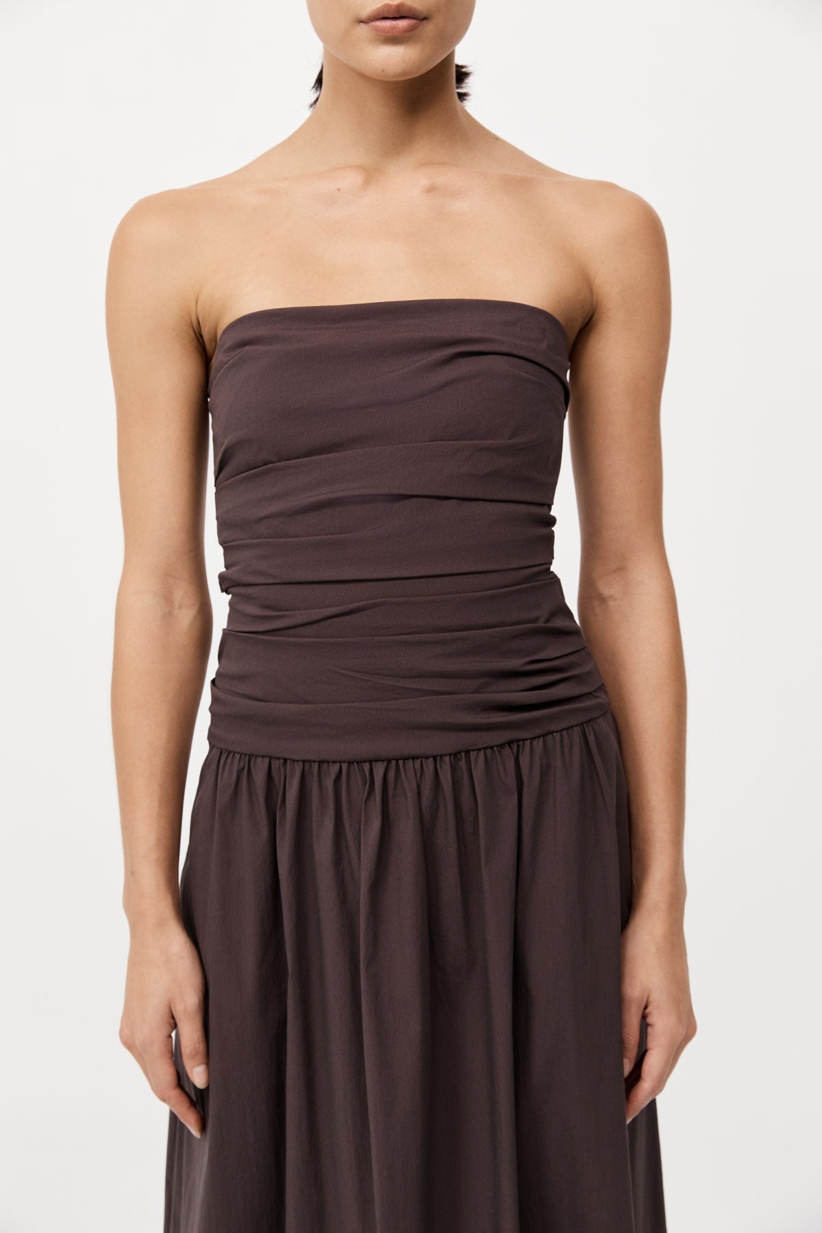 Gathered Strapless Tie Back Dress - Chocolate Plum - 3